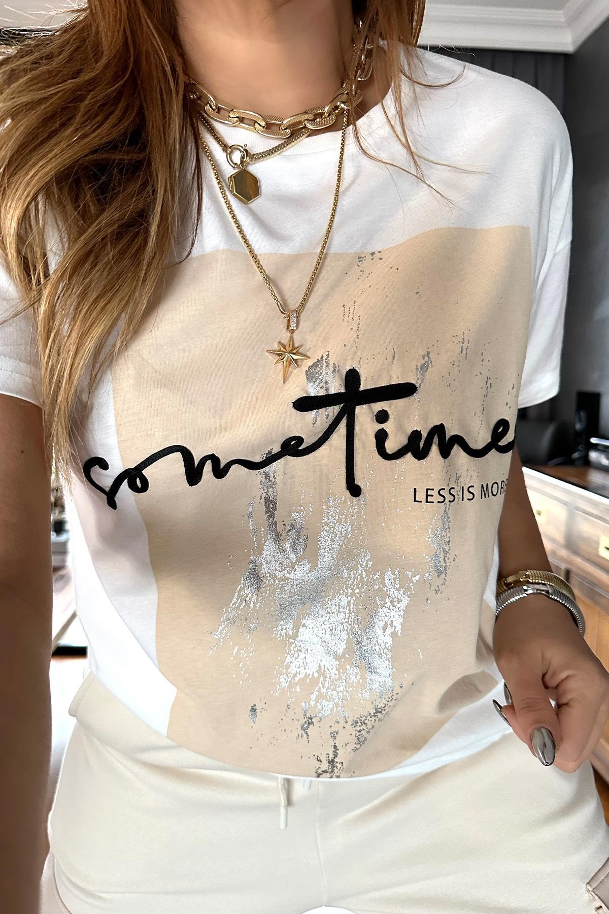 Gümüş Varaklı Sometimes Tshirt Ekru-Bej