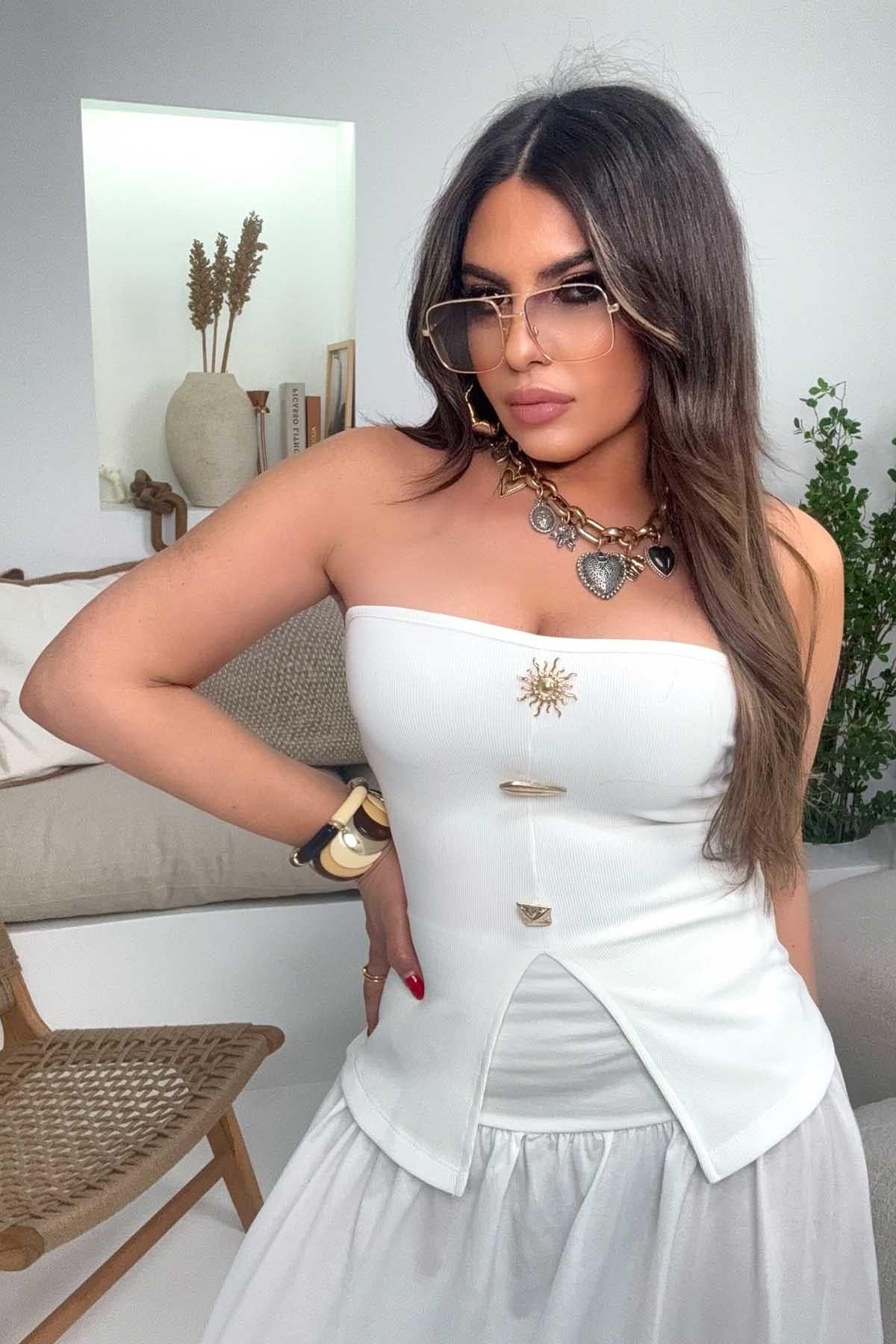 Güneş Aksesuarlı Ottoman Kumaş Bluz Ekru