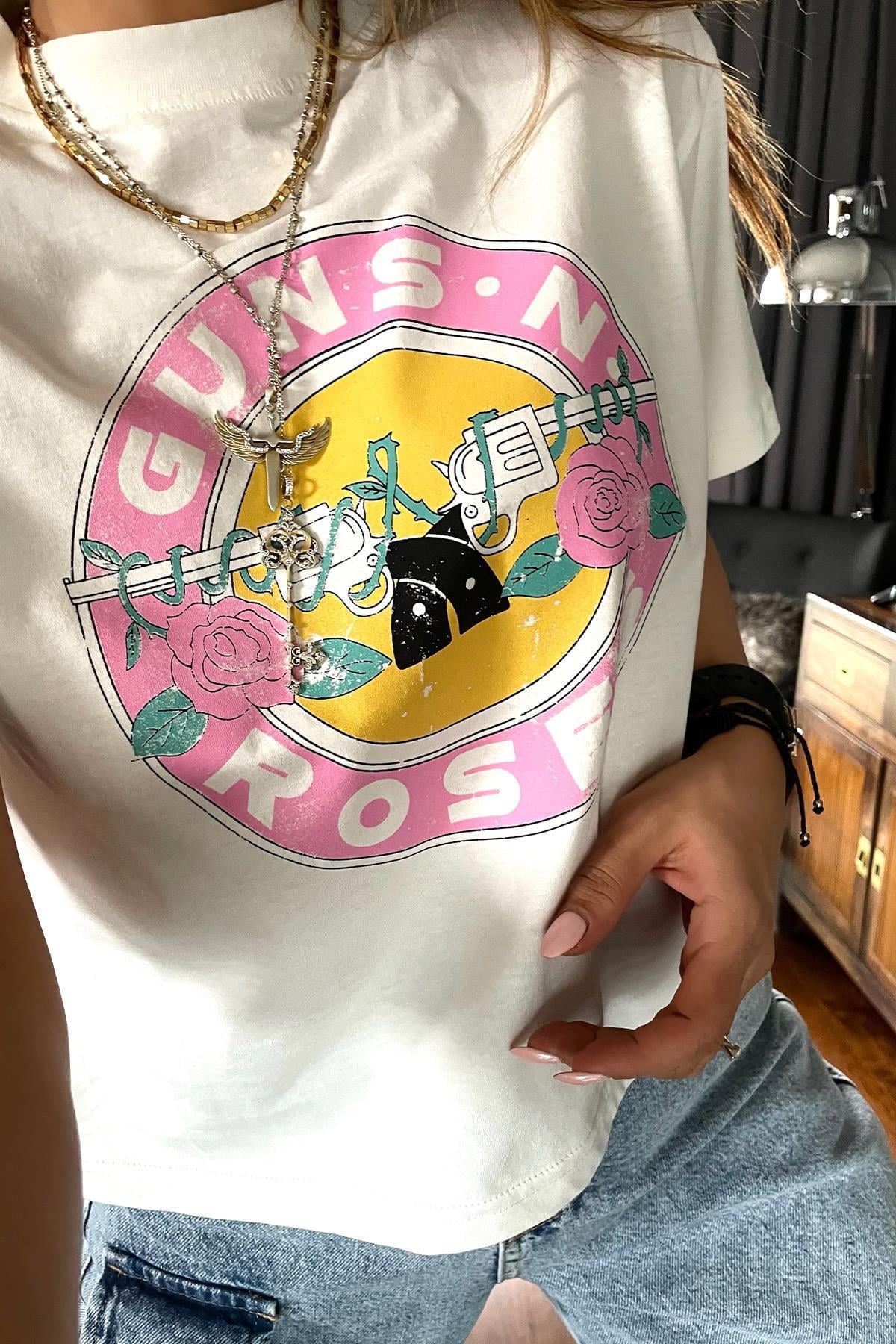 Guns Roses Baskılı Tshirt Ekru