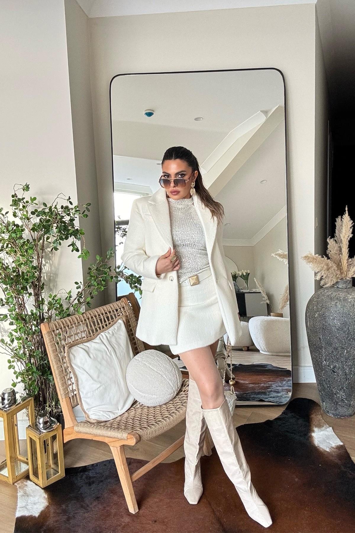 İki Düğmeli Kürk Blazer Ceket Ekru