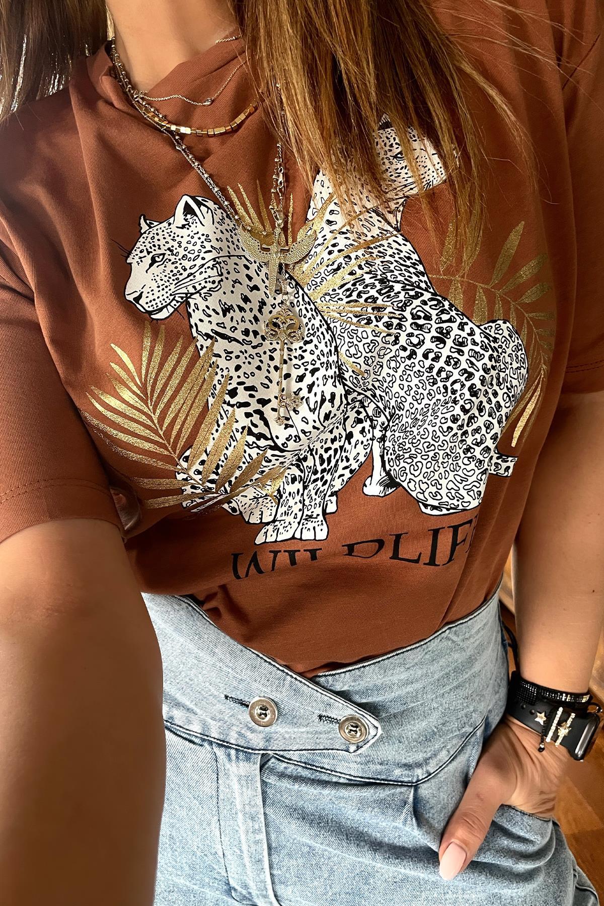 İki Kaplanlı Tshirt Kahverengi