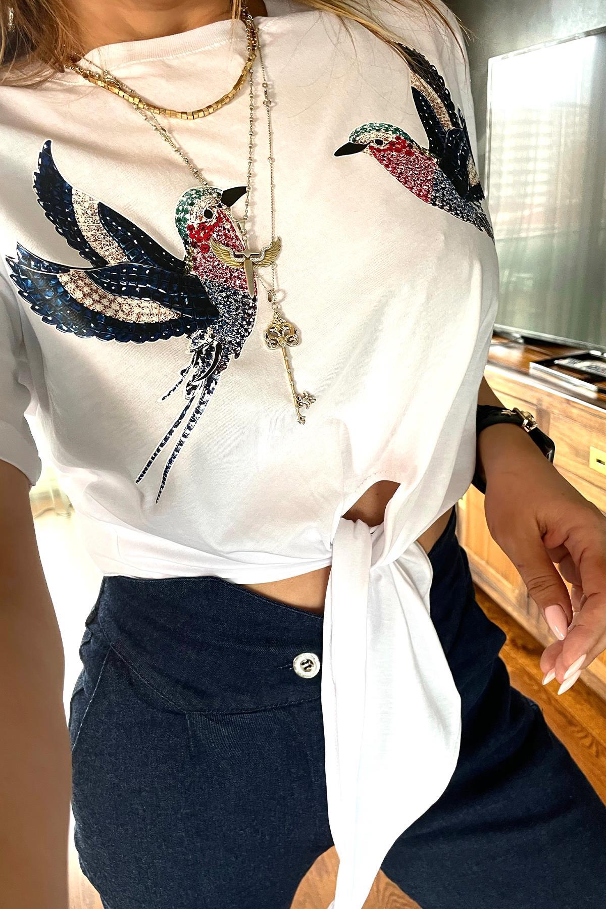 İki Kuş Baskılı Bağlamalı Crop Tshirt Beyaz