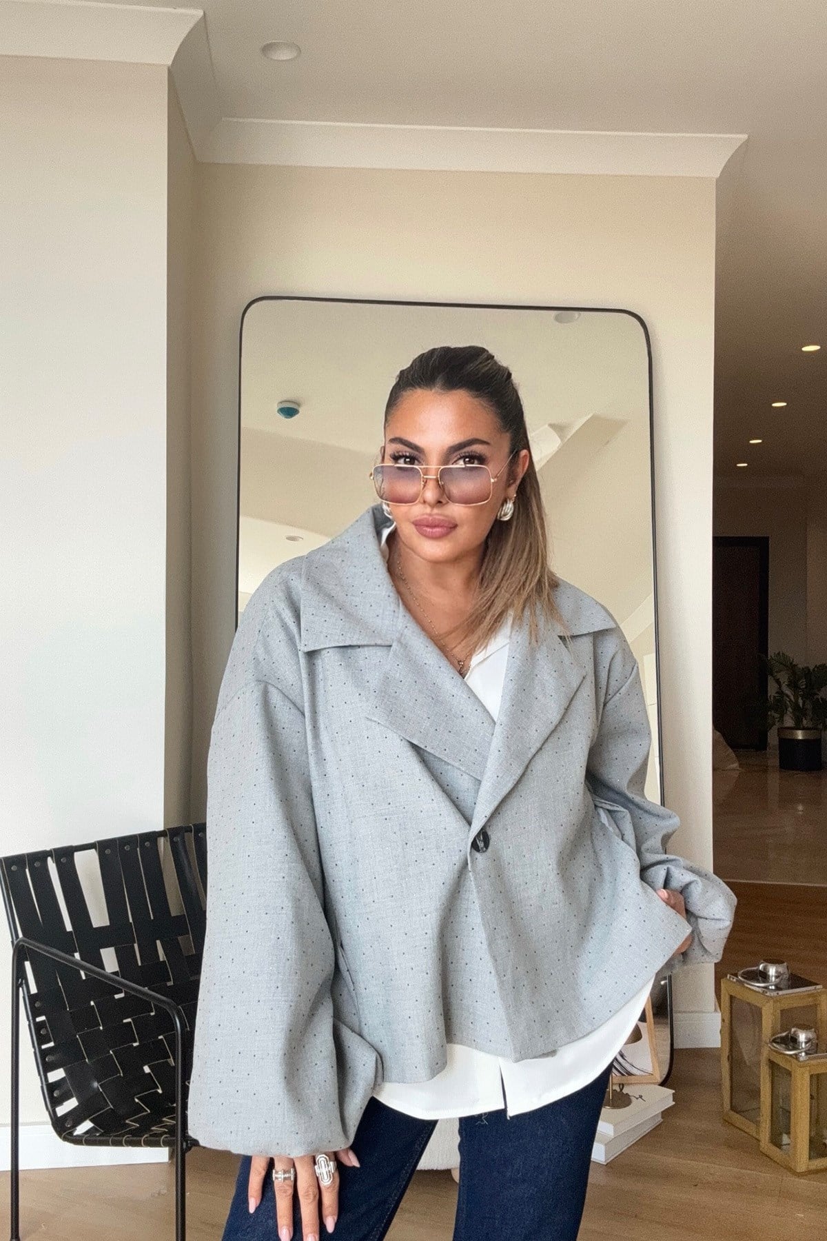 Işıltılı Balon Kol Oversize Ceket Gri