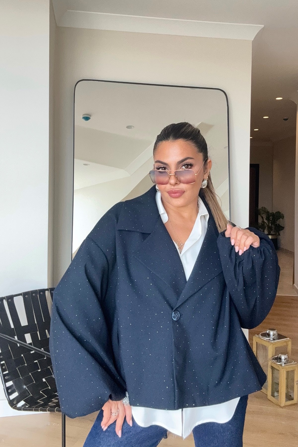 Işıltılı Balon Kol Oversize Ceket Lacivert