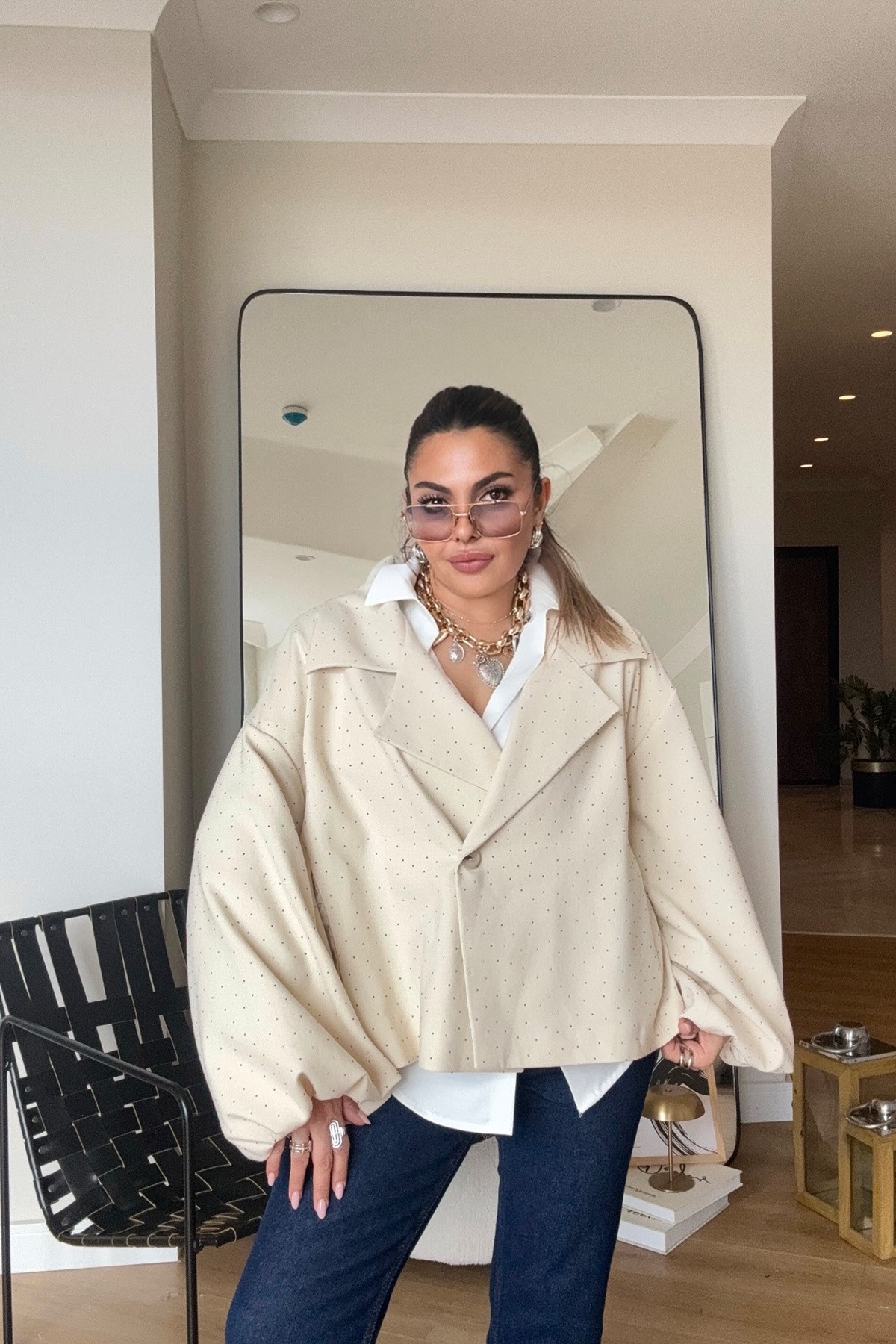 Işıltılı Balon Kol Oversize Ceket Taş