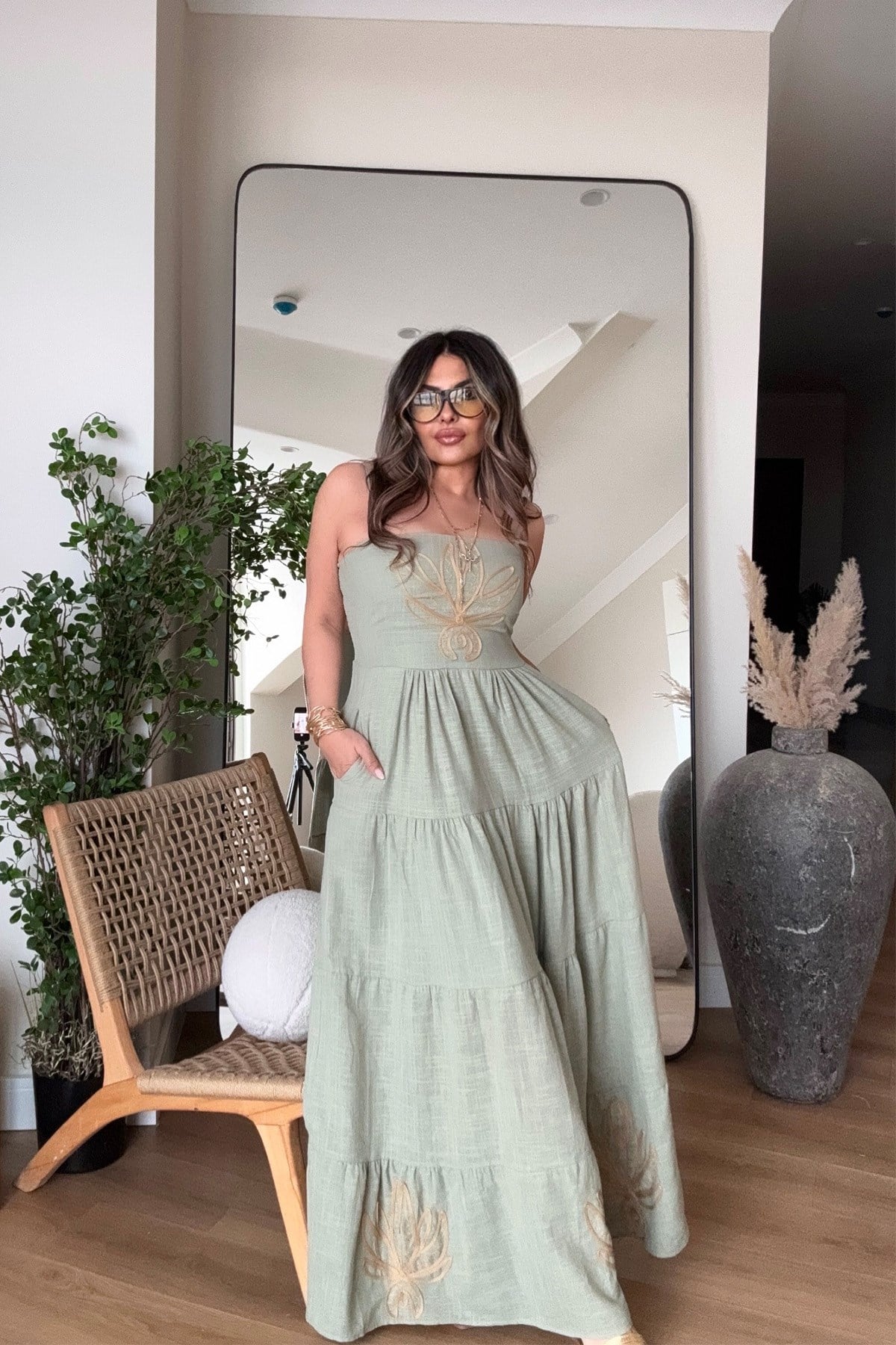 İşleme Detay Pamuk Askılı Elbise Haki