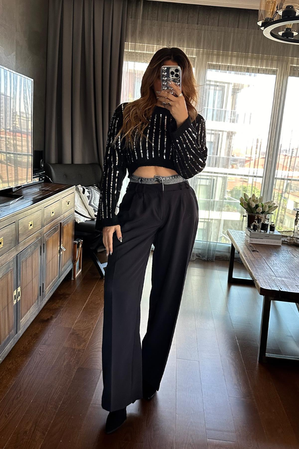 Jean Bel Detaylı Pantolon Siyah
