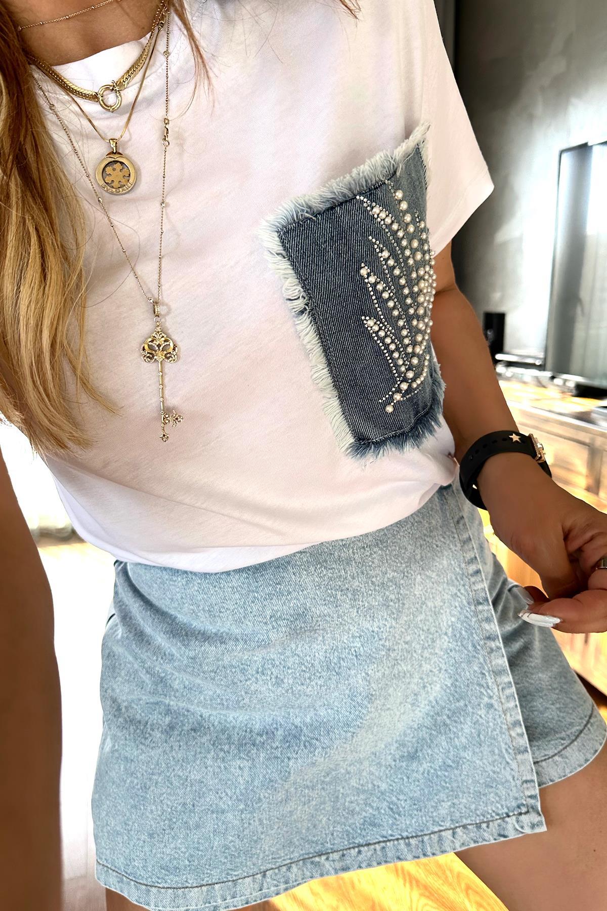 Jean Cep Detaylı İncili Taş Tshirt Beyaz