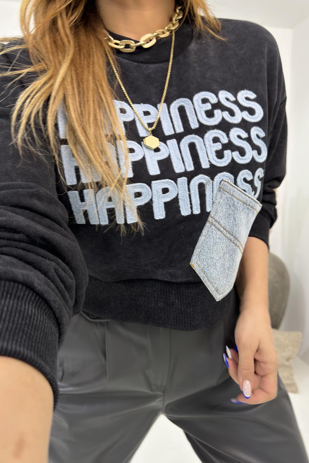 Jean Cep Detaylı Yıkamalı Crop Sweat Antrasit