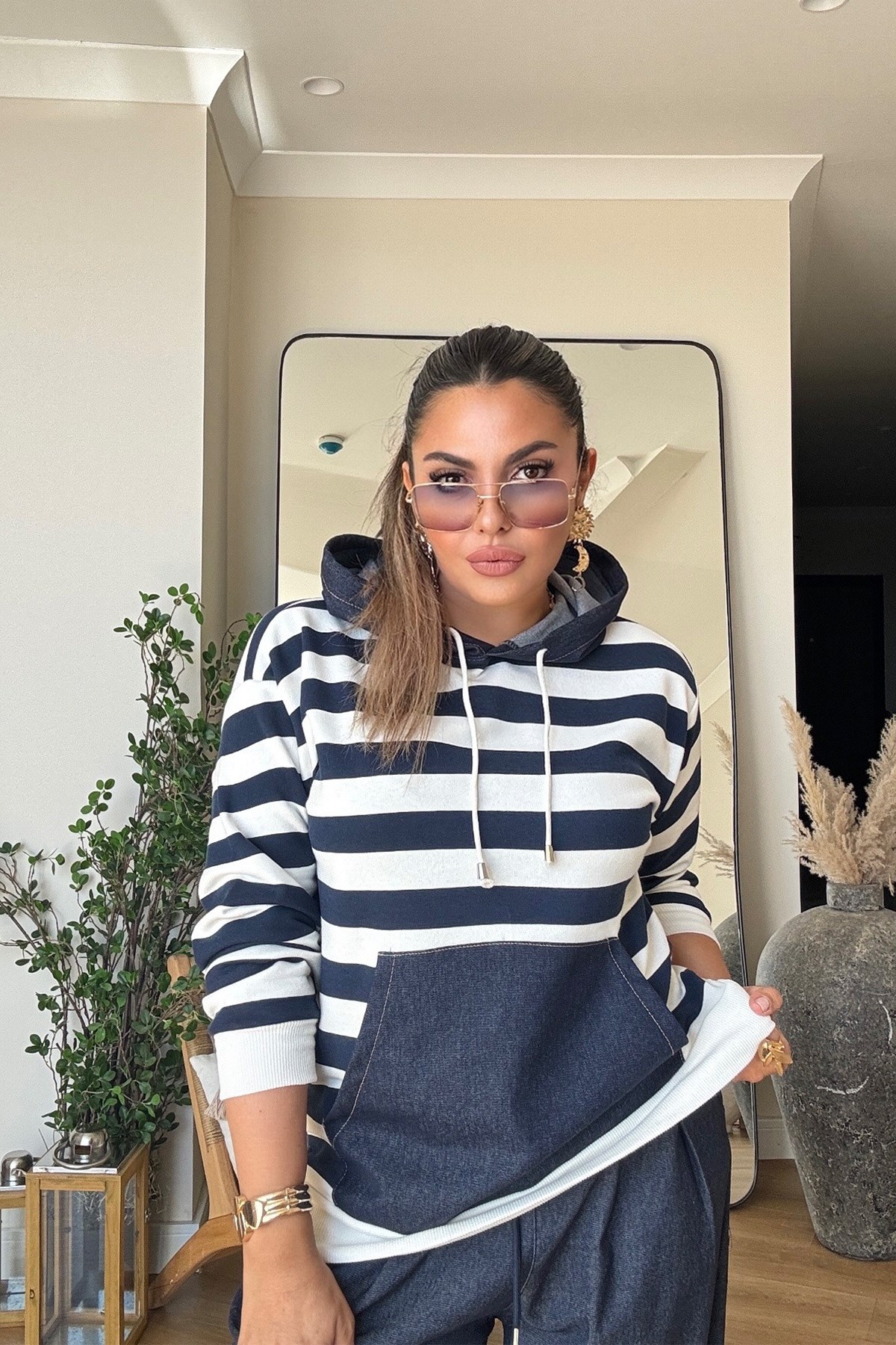 Jean Garnili Çizgili Sweatshirt Lacivert-Ekru