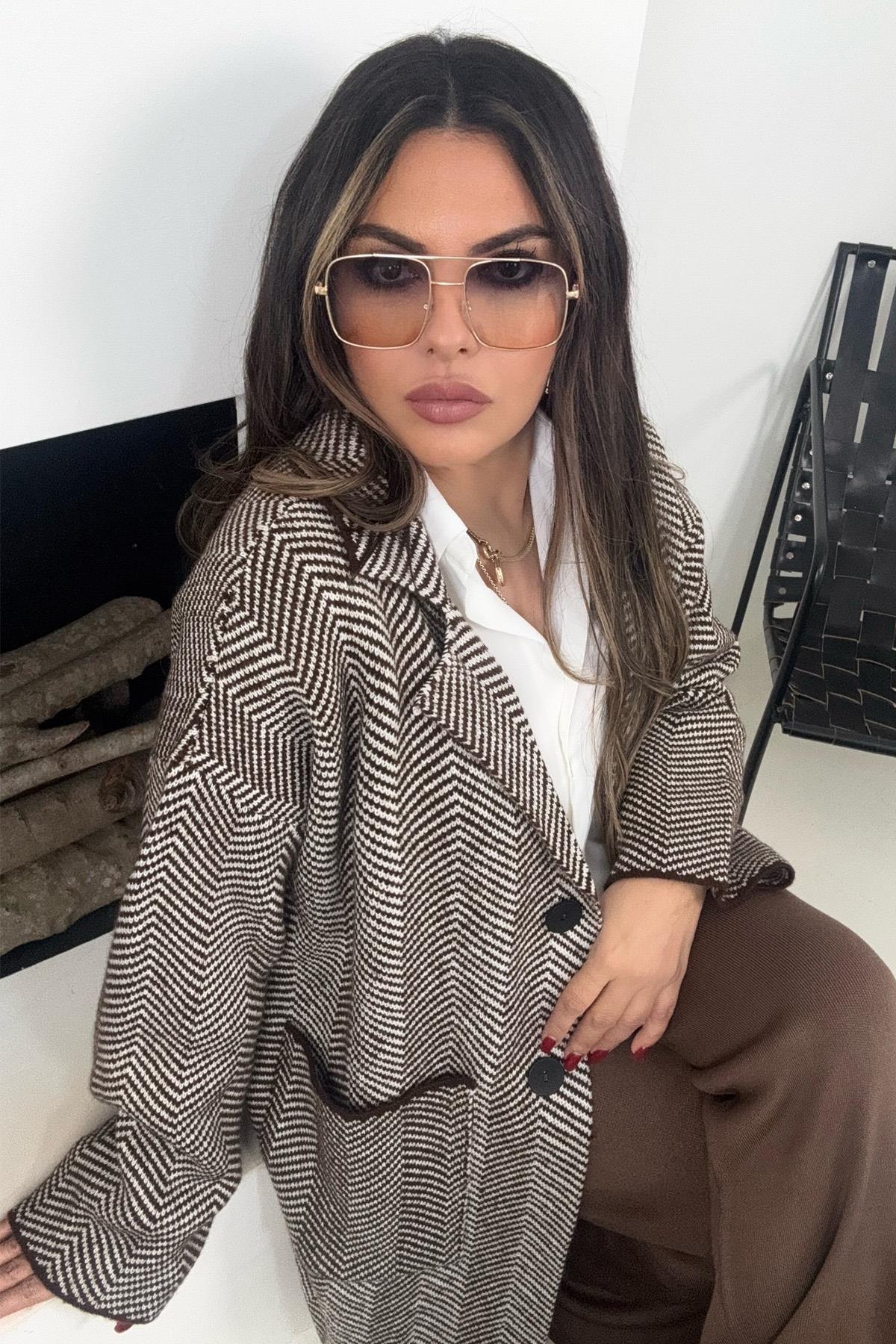 Kaban Model Balıksırtı Uzun Hırka Acı Kahve-Ekru
