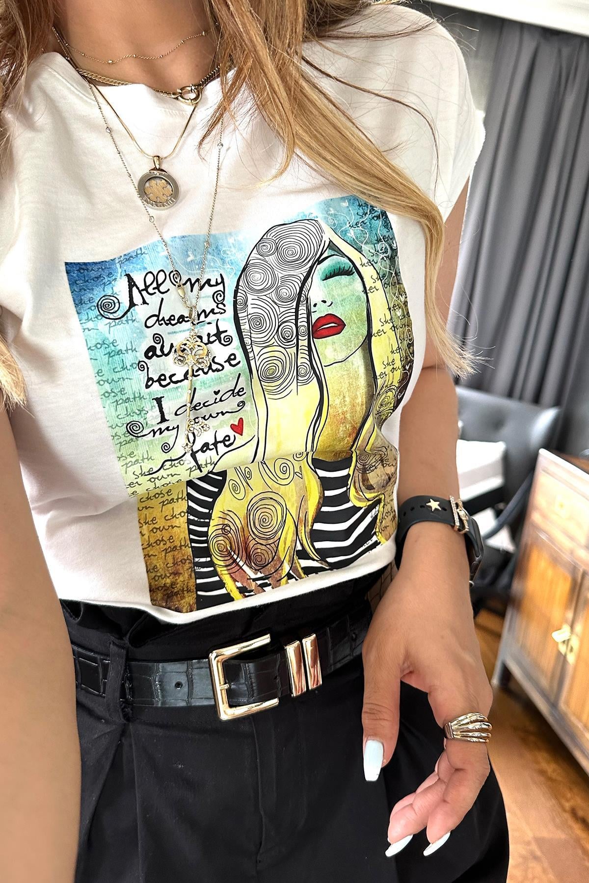 Kadın Baskılı Dream Tshirt Ekru