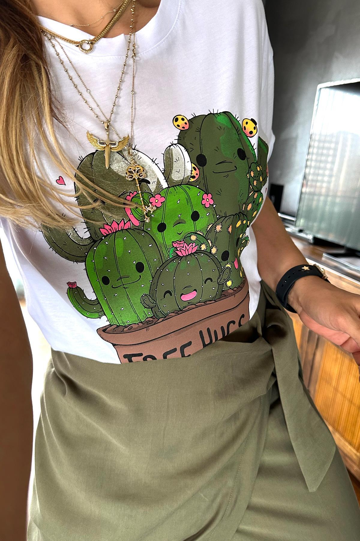 Kaktüs Desen Tshirt Beyaz