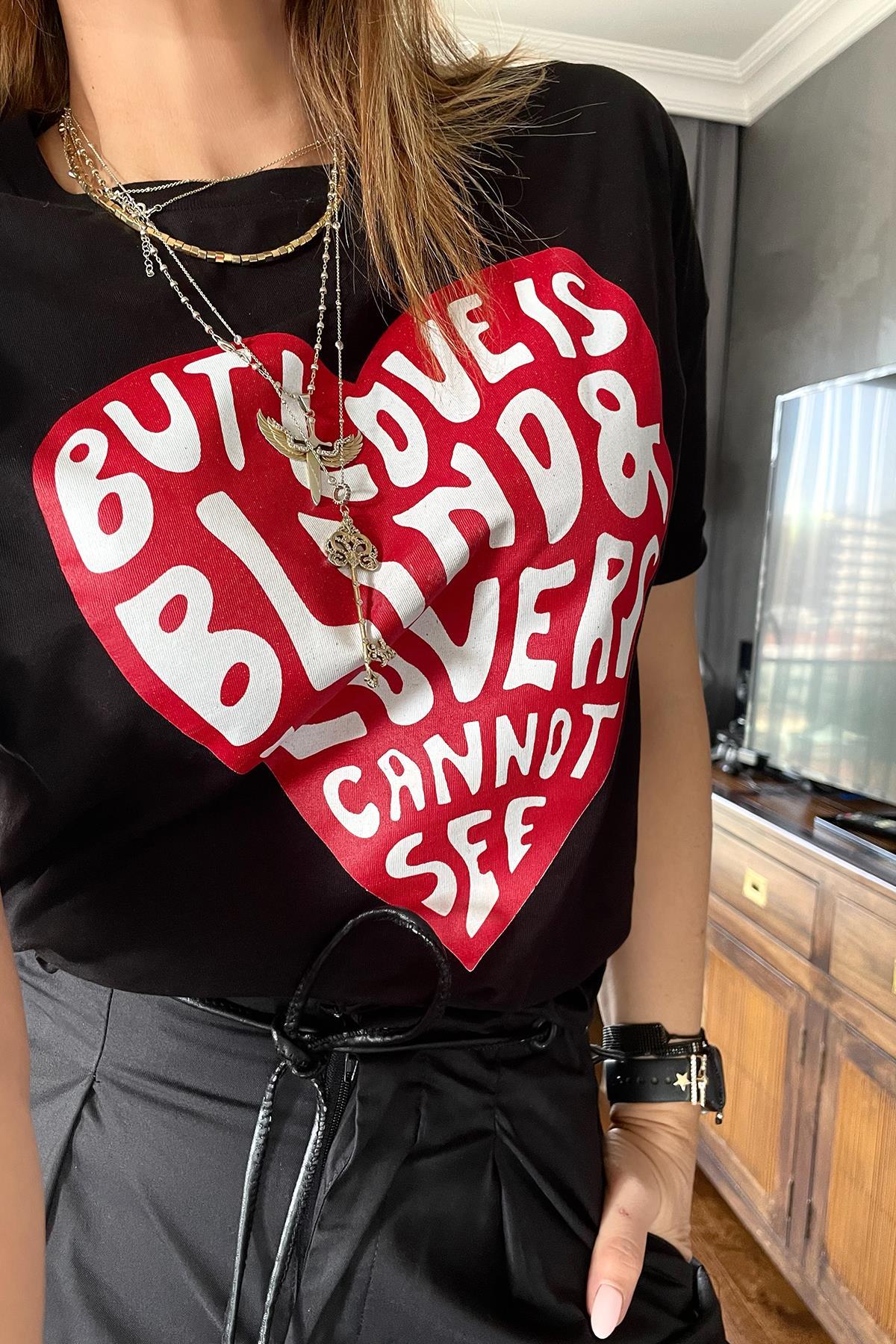 Kalp Baskılı Tshirt Siyah