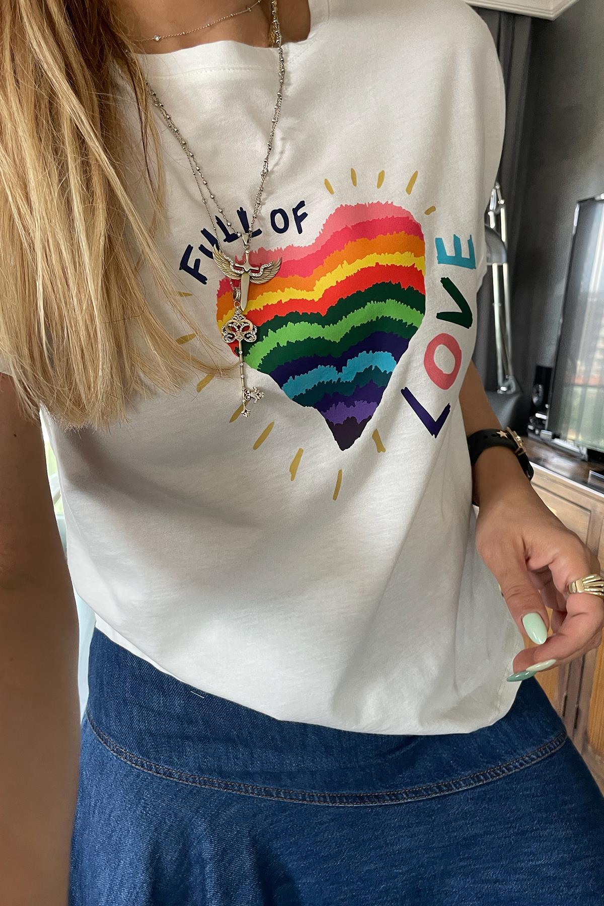 Kalpli Gökkuşağı Tshirt Ekru