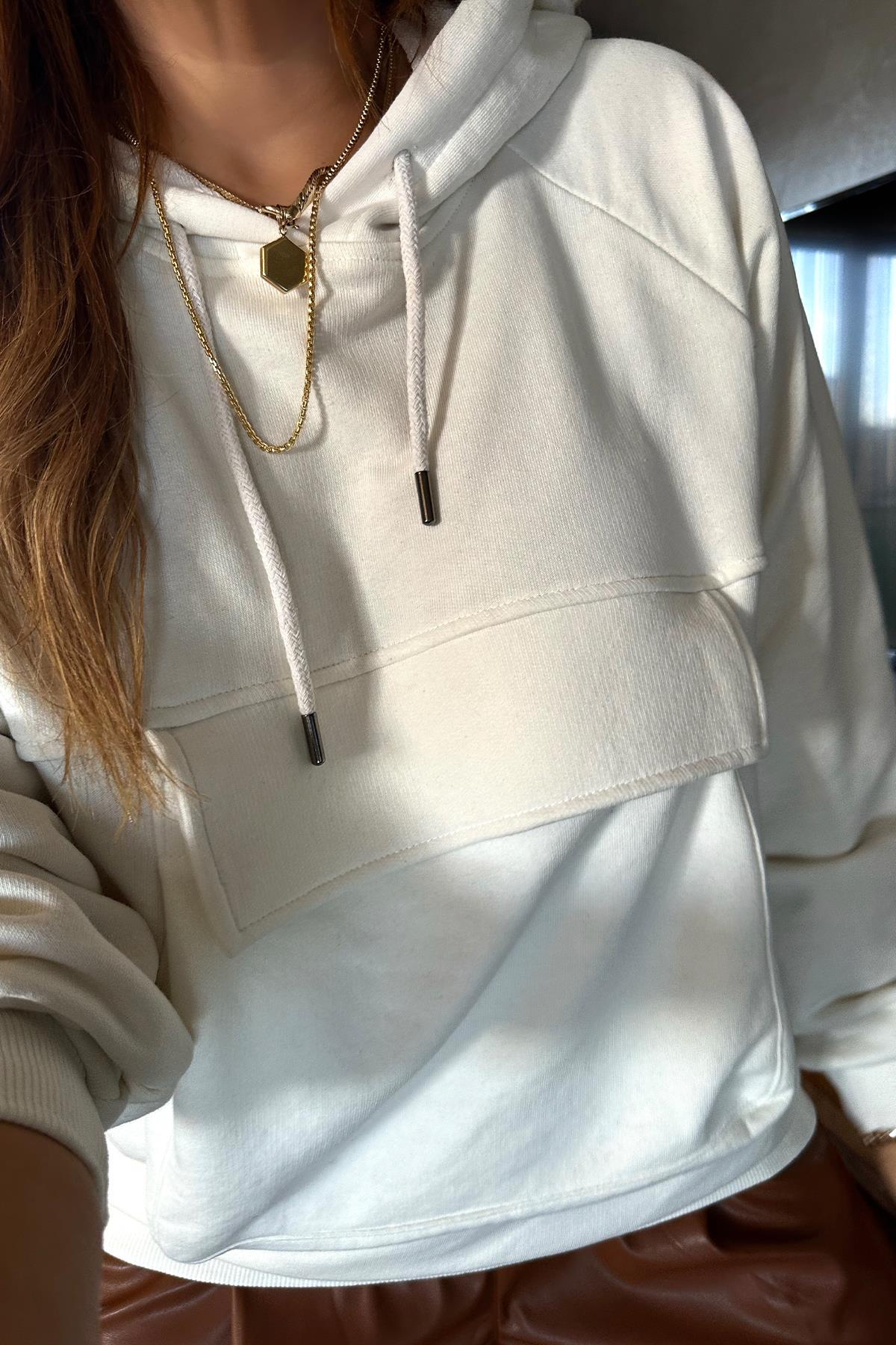 Kapaklı Cep Detay Sweat Ekru