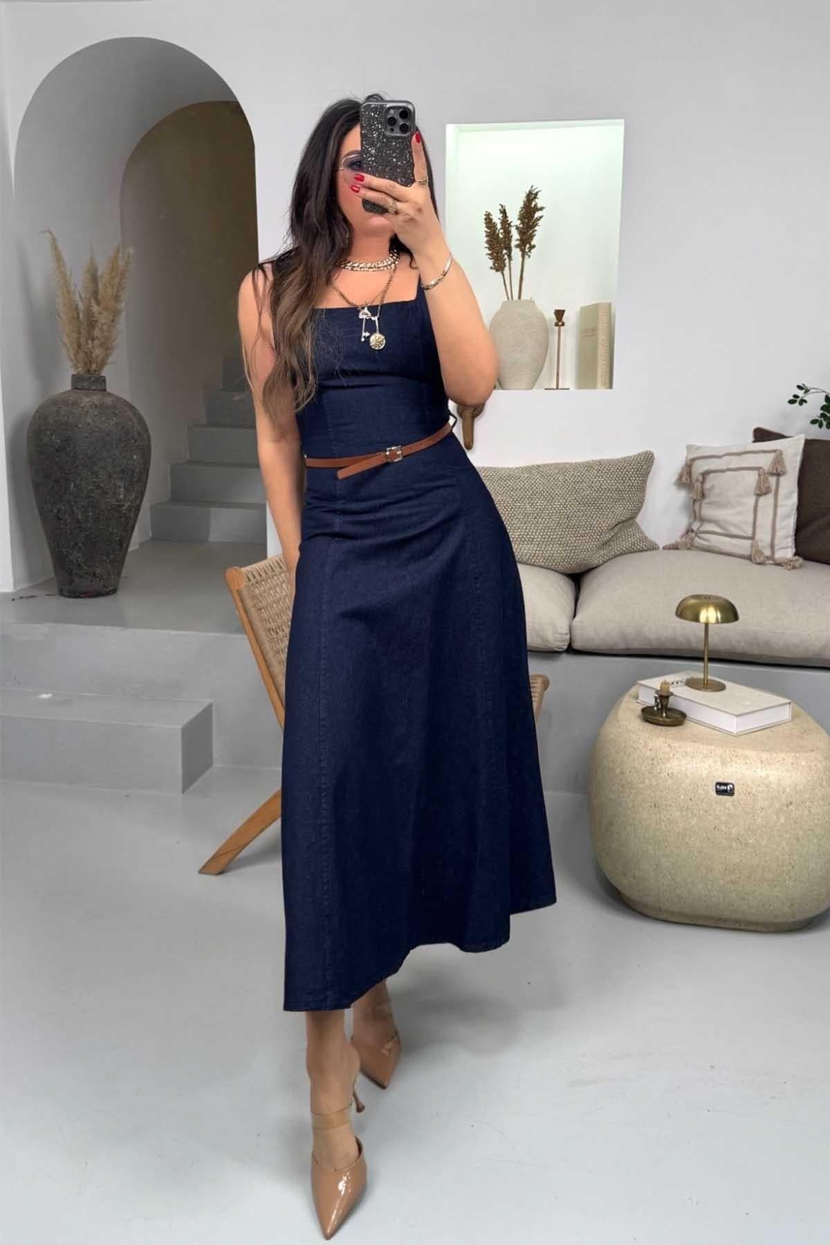 Kare Yaka Askılı Kemerli Jean Elbise Lacivert