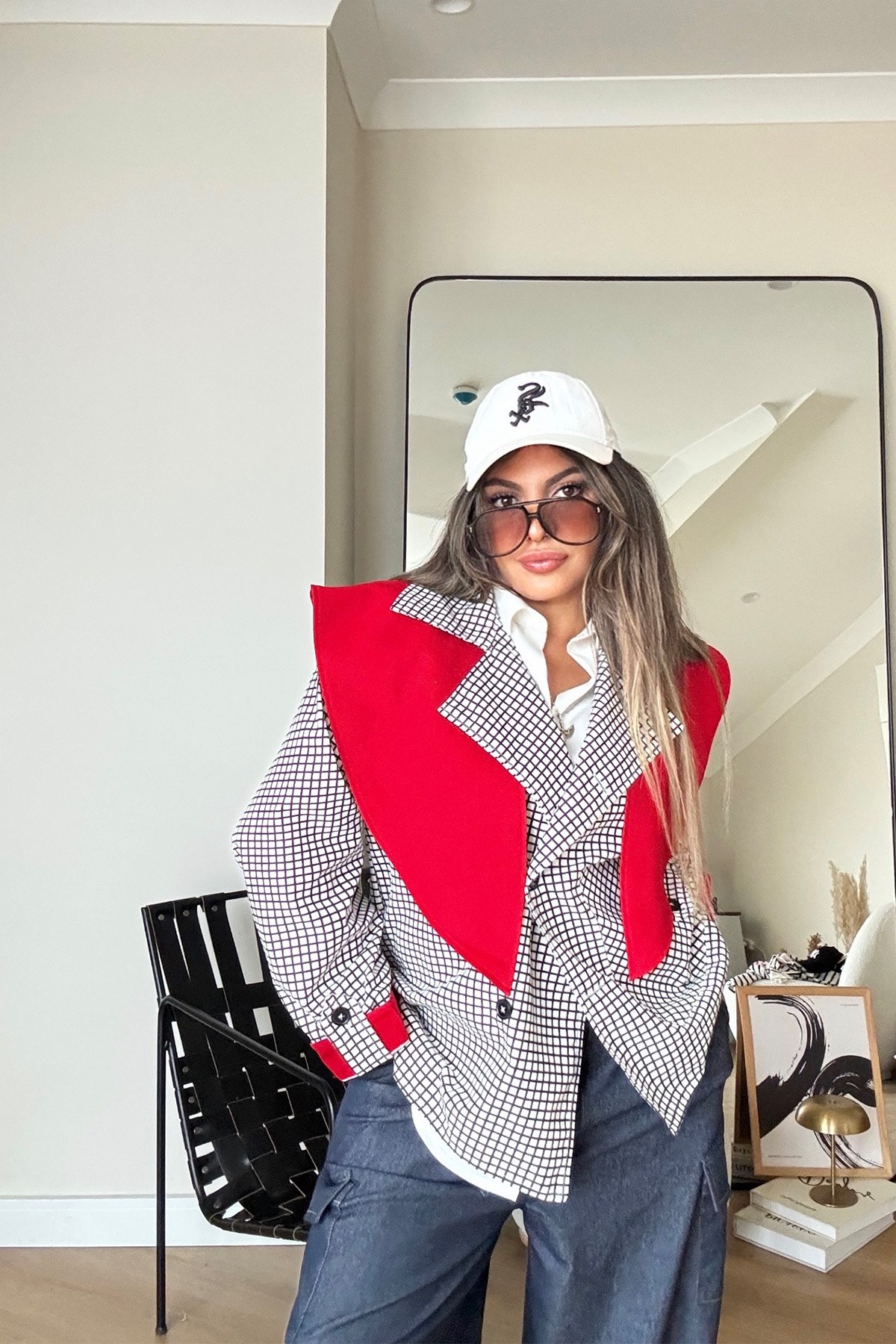 Kareli Kontrast Yaka Detay Trenchcoat Siyah-Beyaz