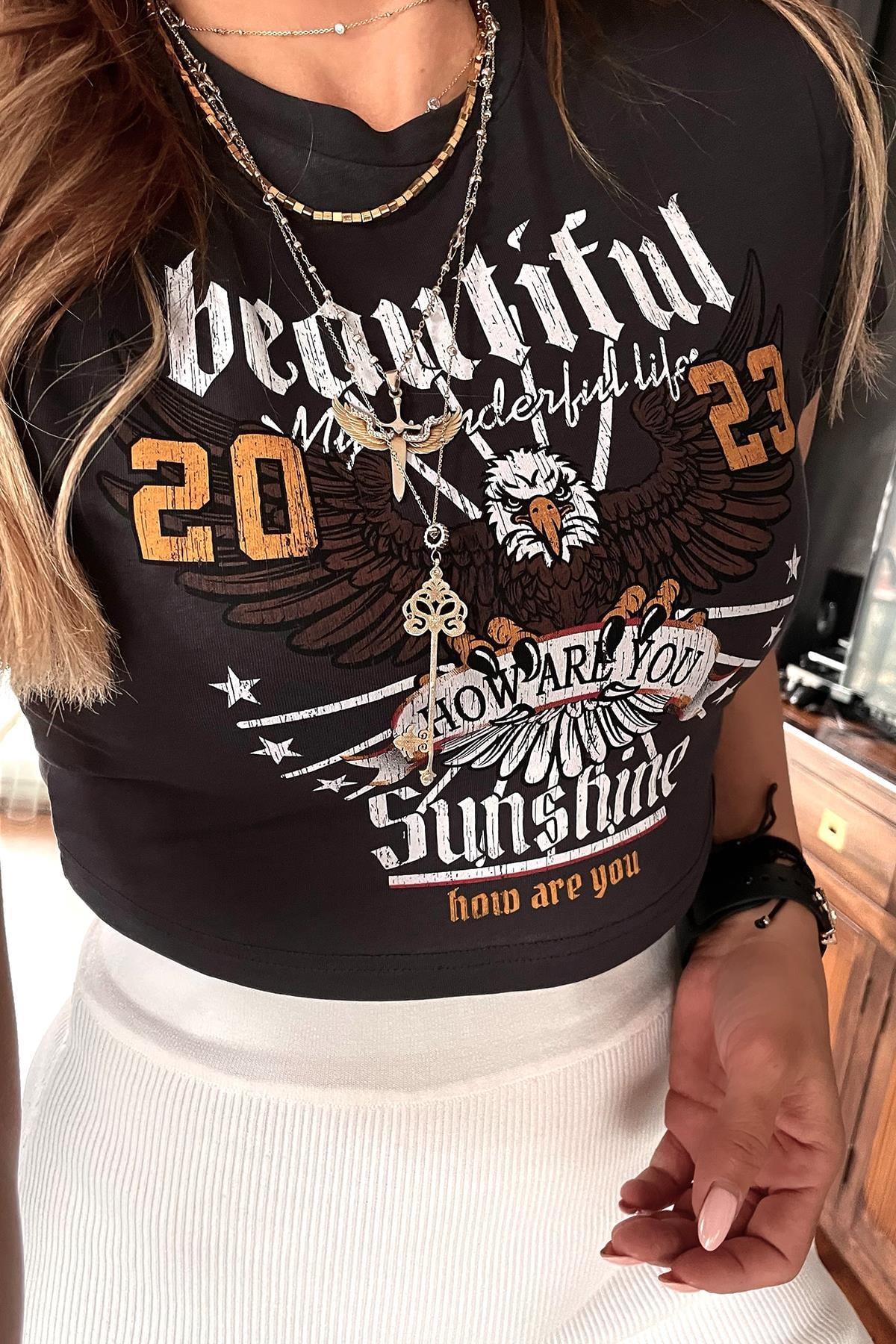 Kartal Baskılı Crop Tshirt Antrasit