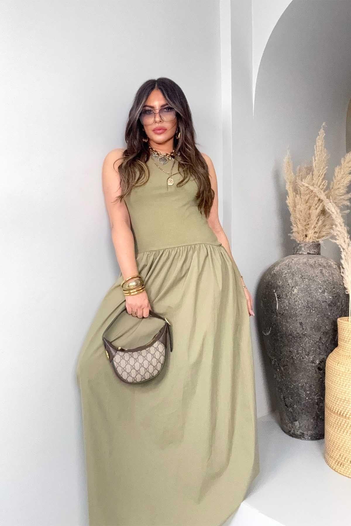 Kaşkorse Poplin Karma Elbise Haki