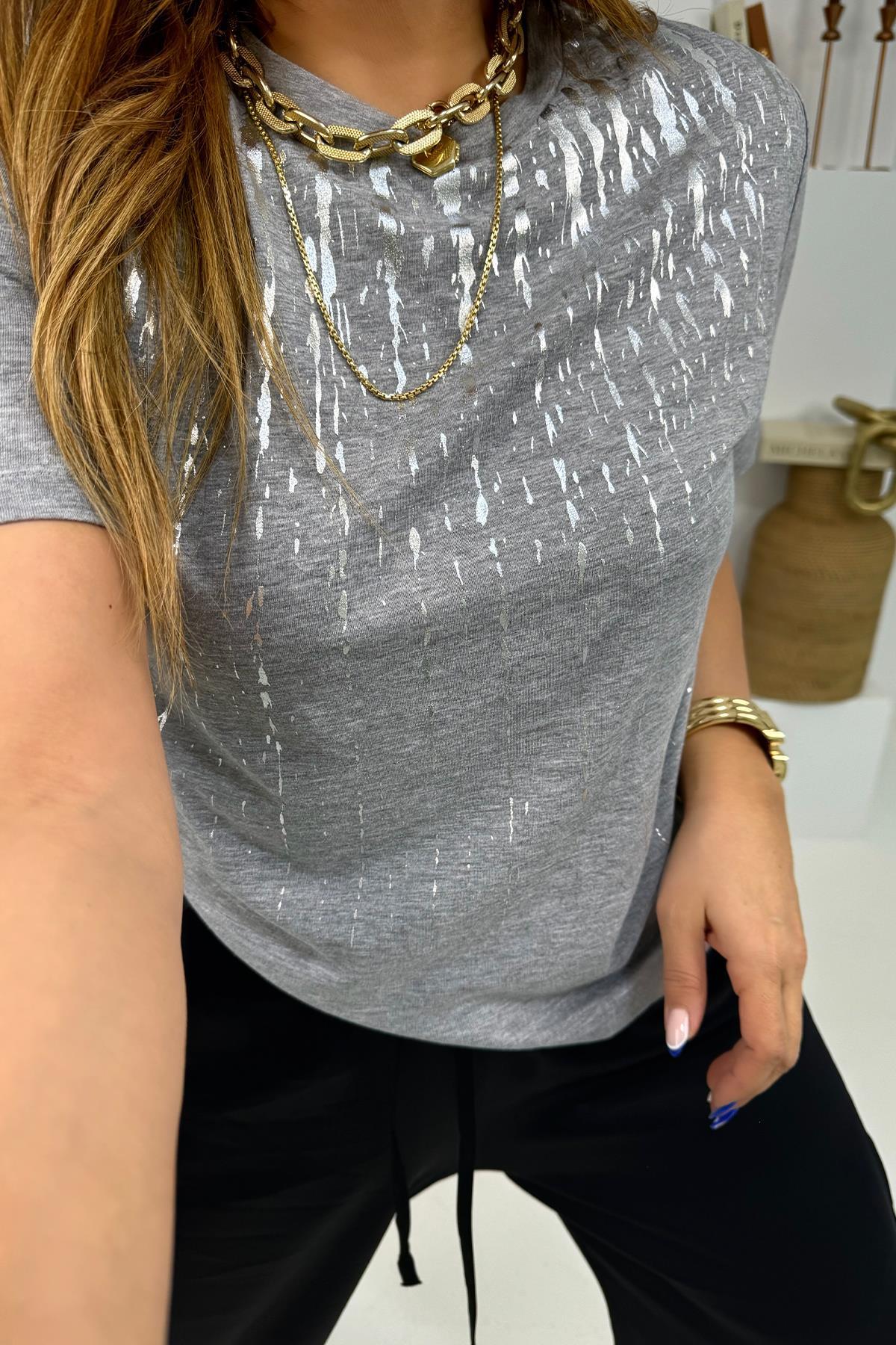Kayan Gümüş Baskılı Tshirt Gri