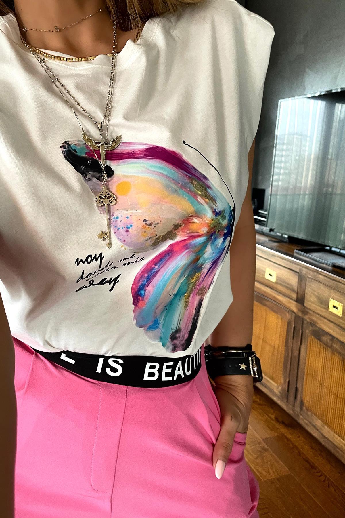 Kelebek Baskılı Kolsuz Vatkalı Tshirt Ekru