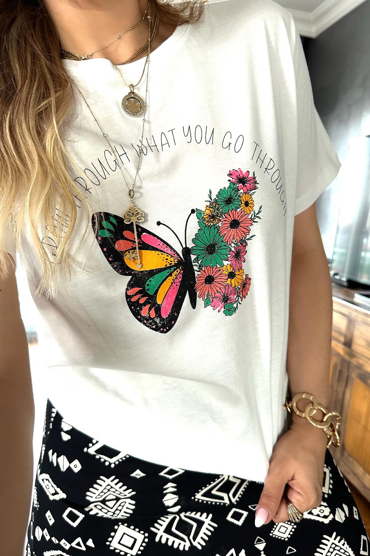 Kelebek Desenli Tshirt Ekru