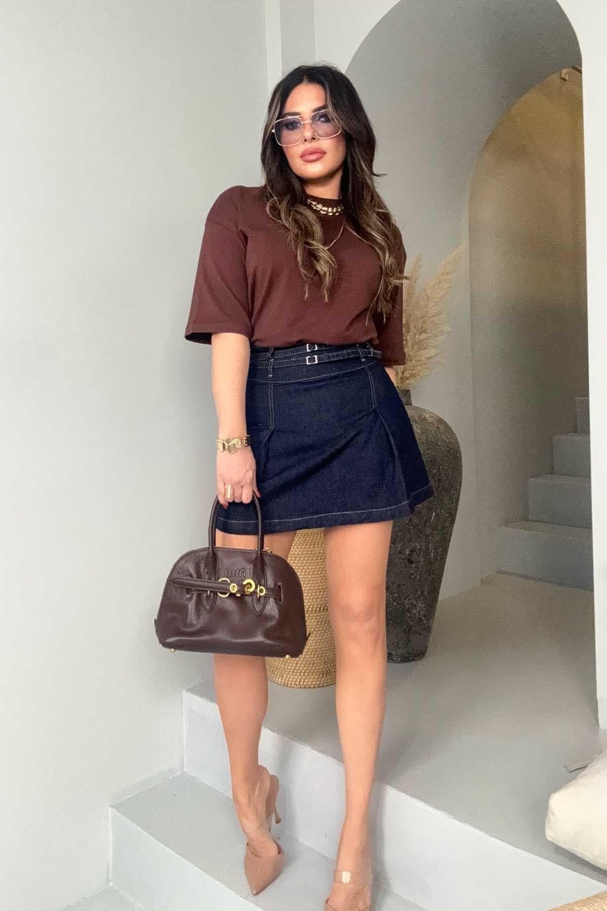 Kemerli Mini Jean Etek Lacivert
