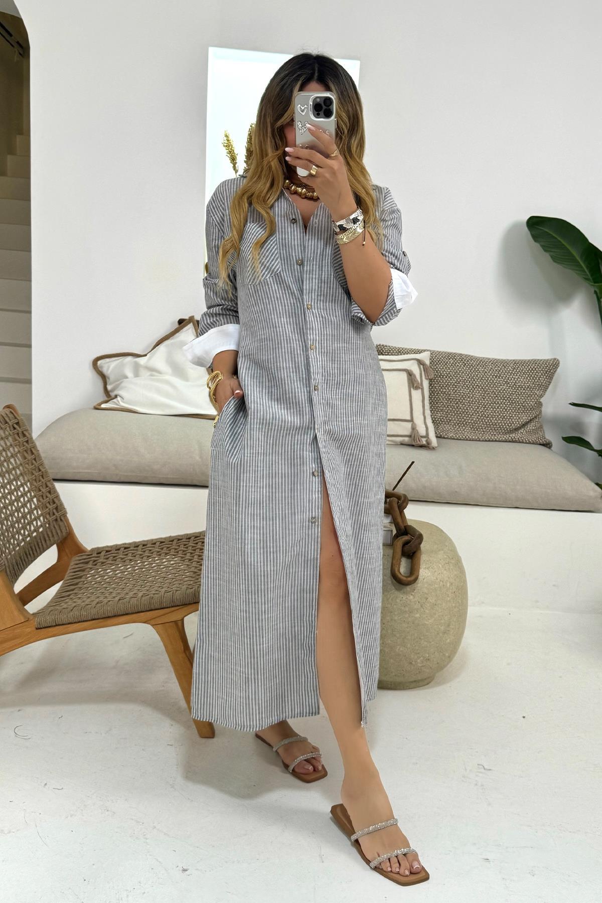 Egyptian Cotton Long Cotton Shirt Dress Gray Cotton Dress Women