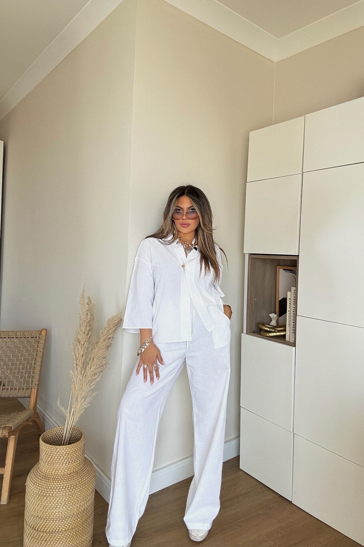 Keten Efekt Kimono Takım Beyaz