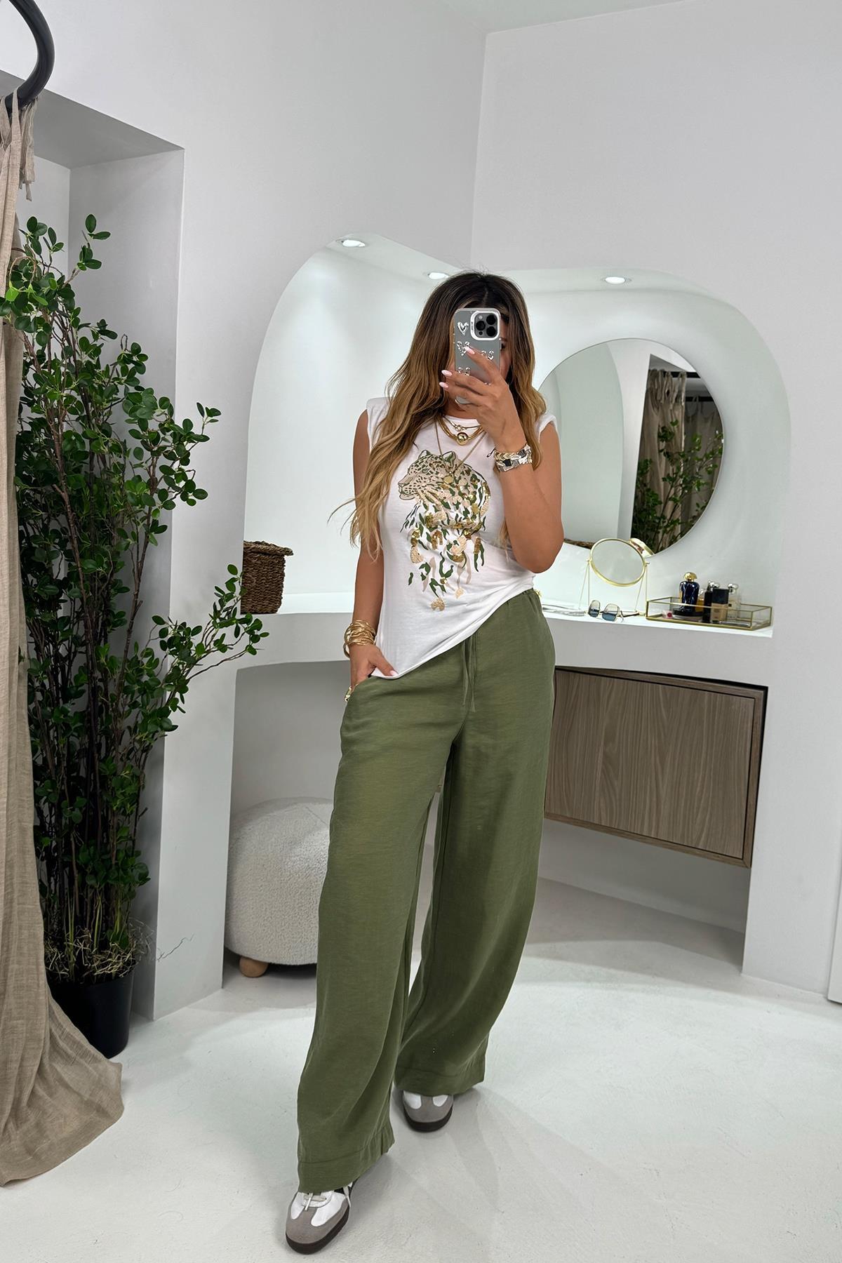 Keten Karışımlı Lastikli Palazzo Pantolon Haki