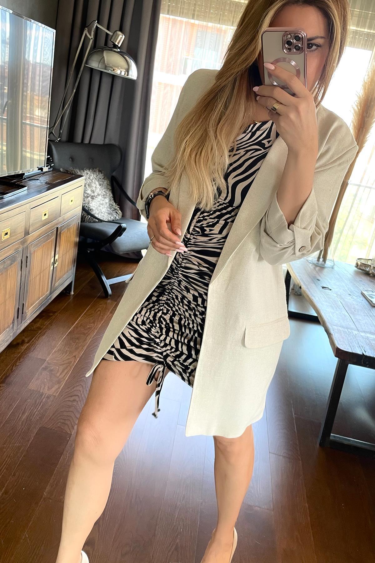 Keten Kolları Düğmeli Blazer Ceket Bej