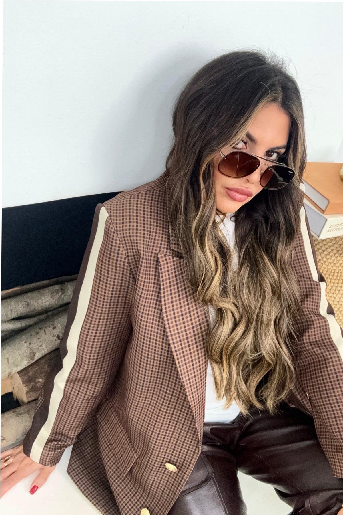 Kol Şeritli Ekose Blazer Ceket Acı Kahve