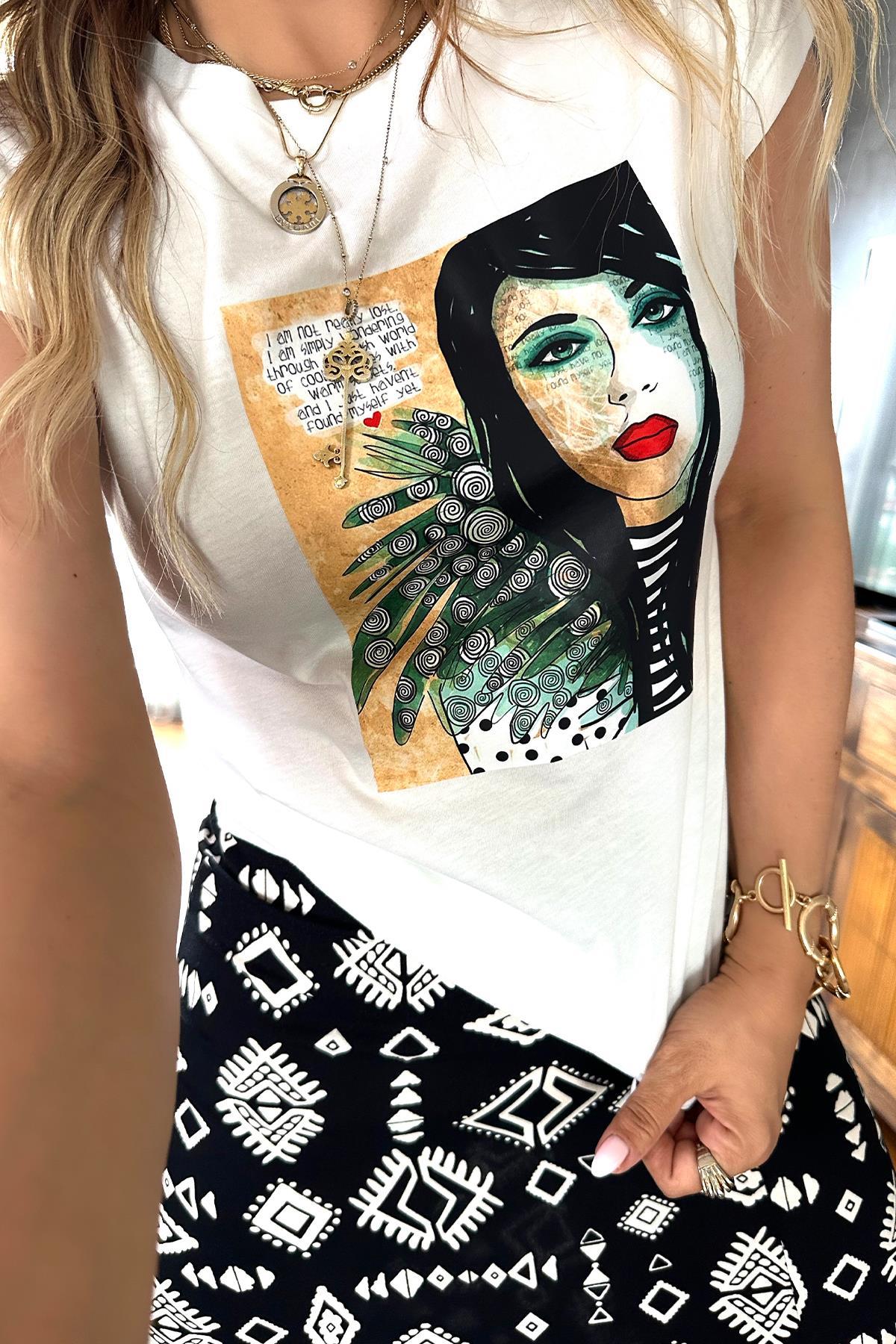 Kolsuz Yapraklı Kadın Tshirt Ekru