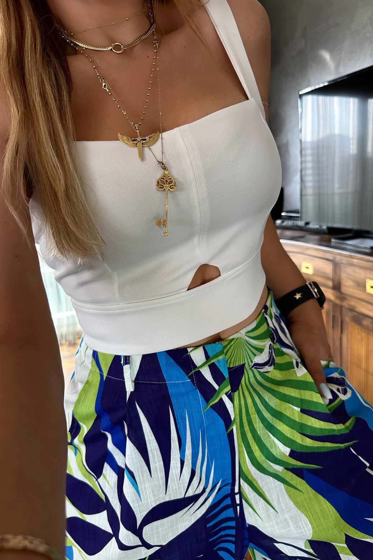 Krep Kumaş Crop Ekru