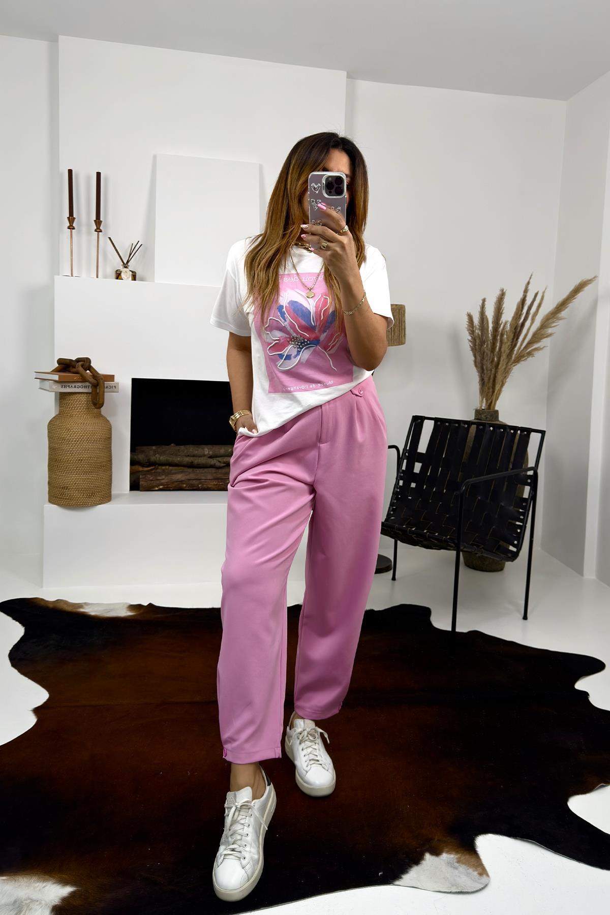 Krep Kumaş Paça Düğmeli Pantolon Pembe