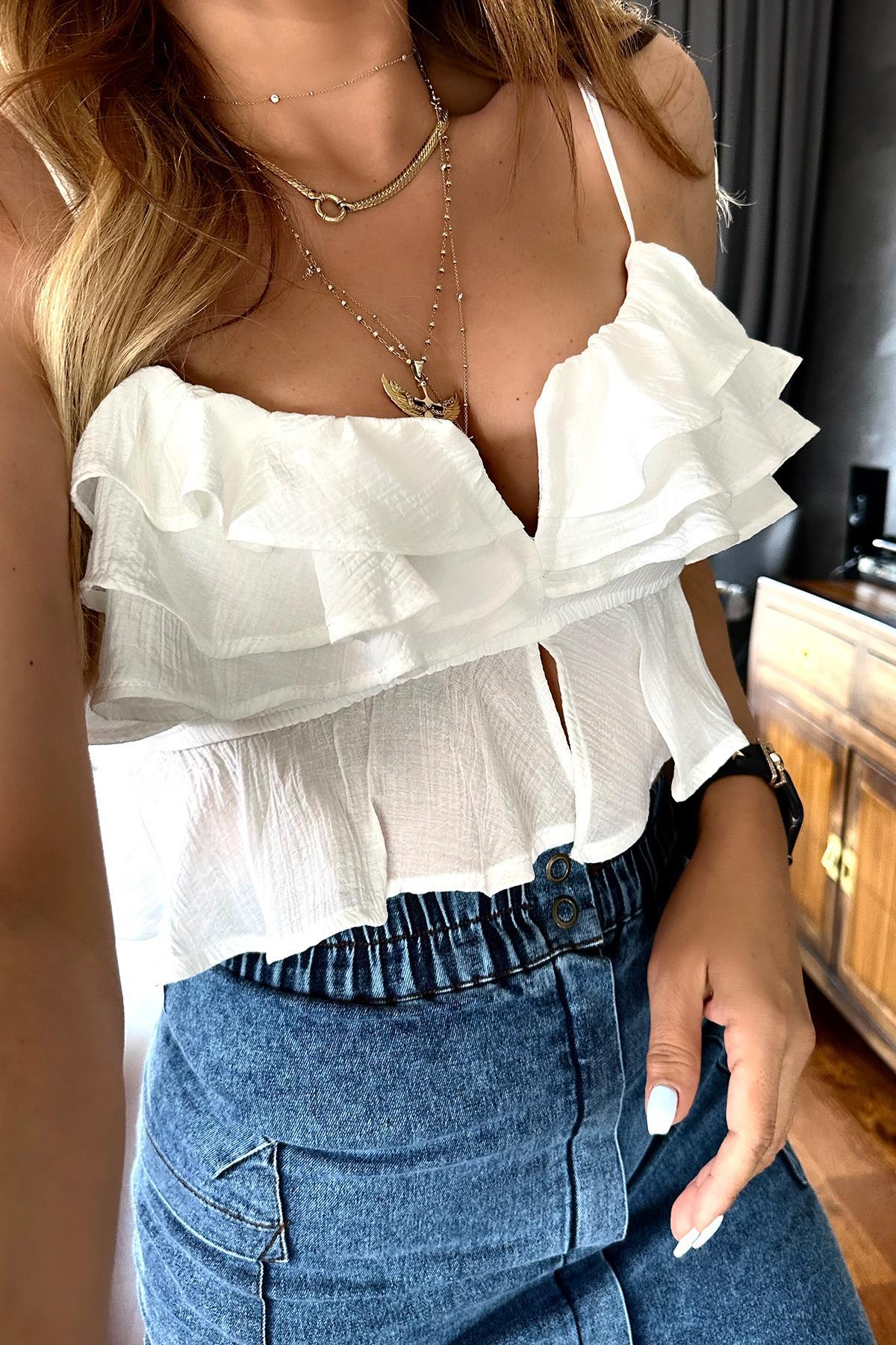 Krinkle Kumaş Fırfırlı Crop Ekru