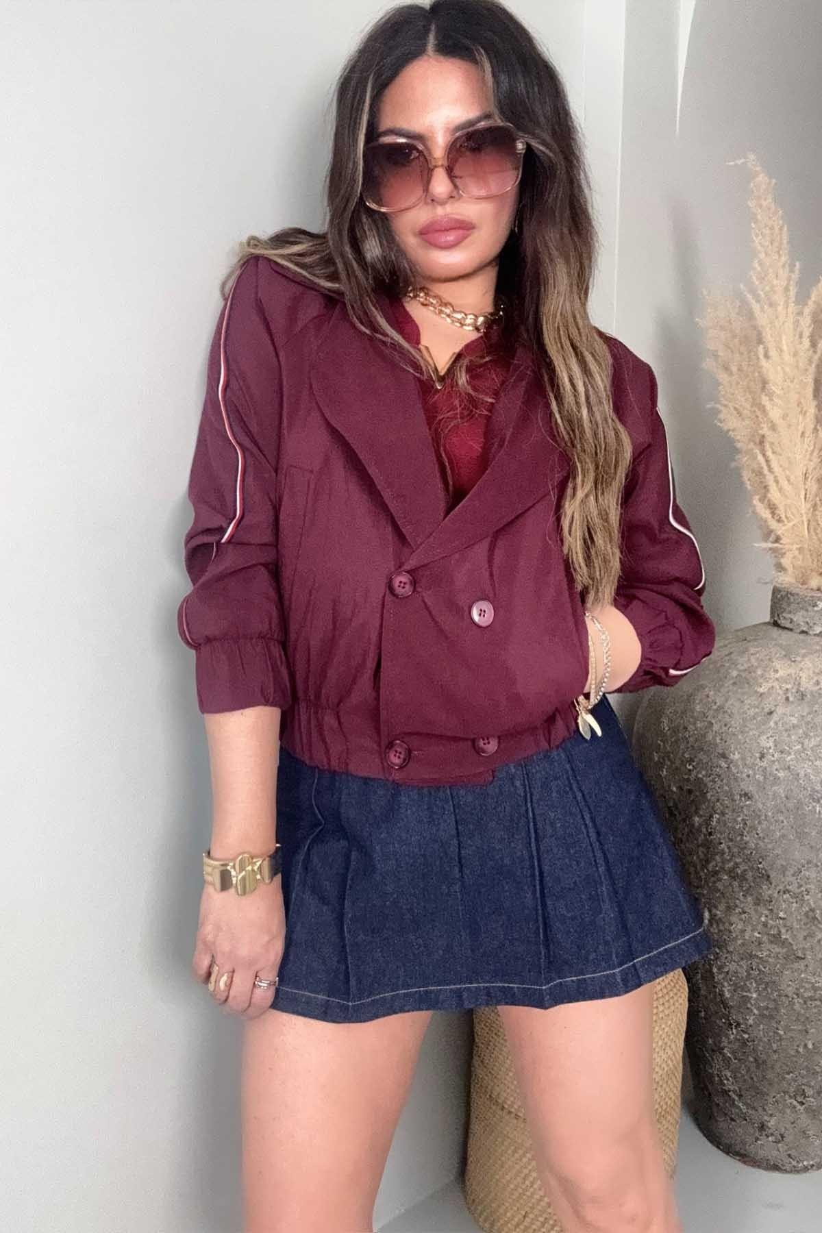 Kruvaze Omuz Biyeli Rüzgarlık Ceket Bordo