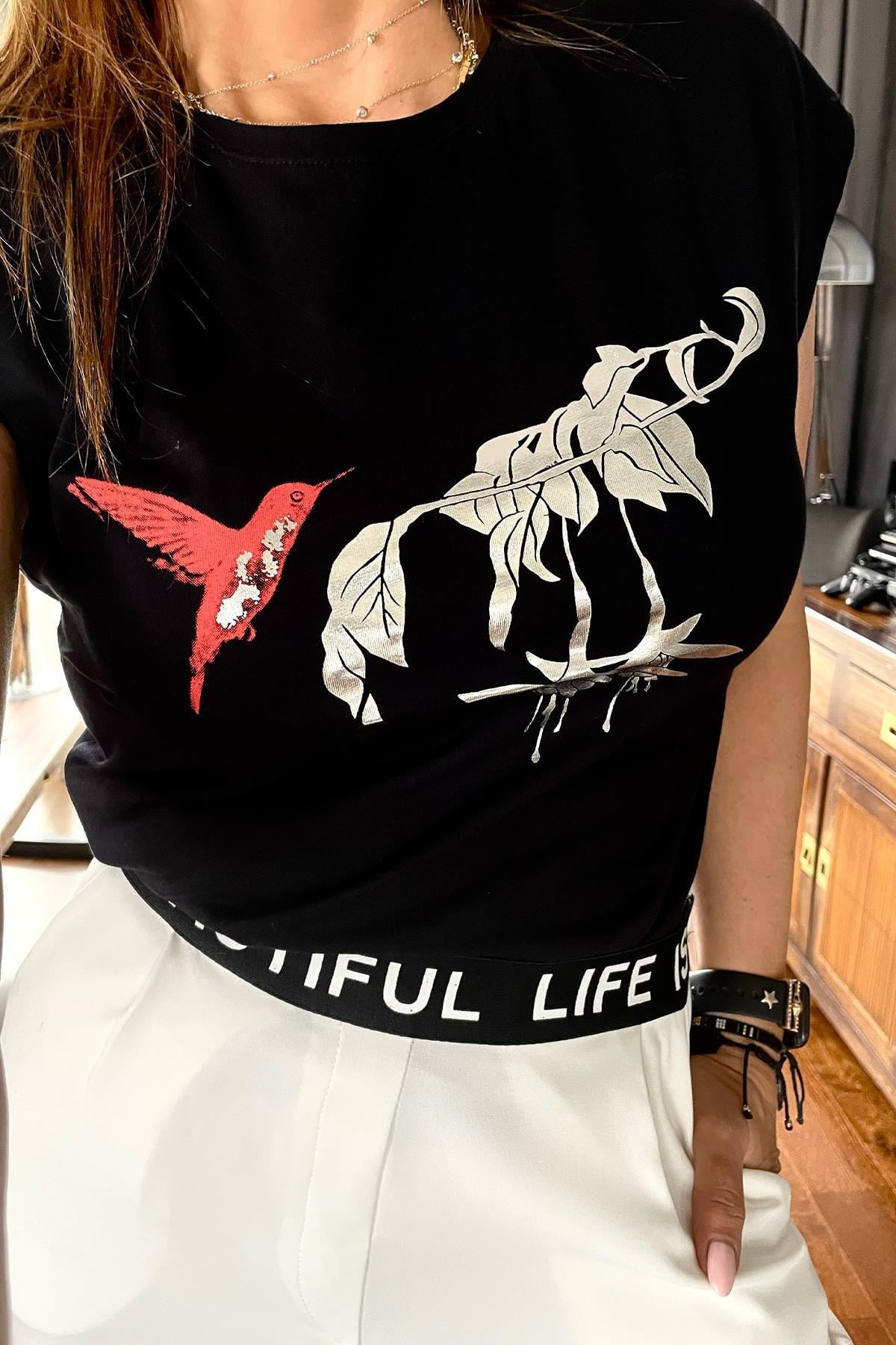 Kuş Gümüş Baskılı Tshirt Siyah
