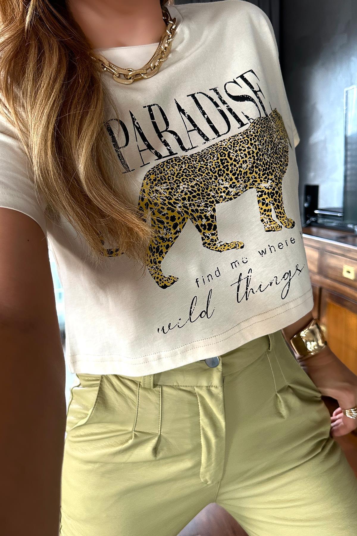 Leopar Baskılı Paradise Crop Krem