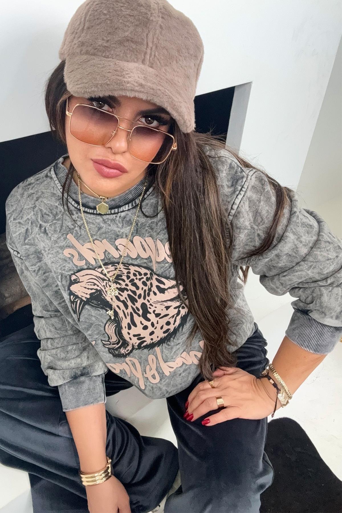 Leopar Baskılı Sweatshirt Gri