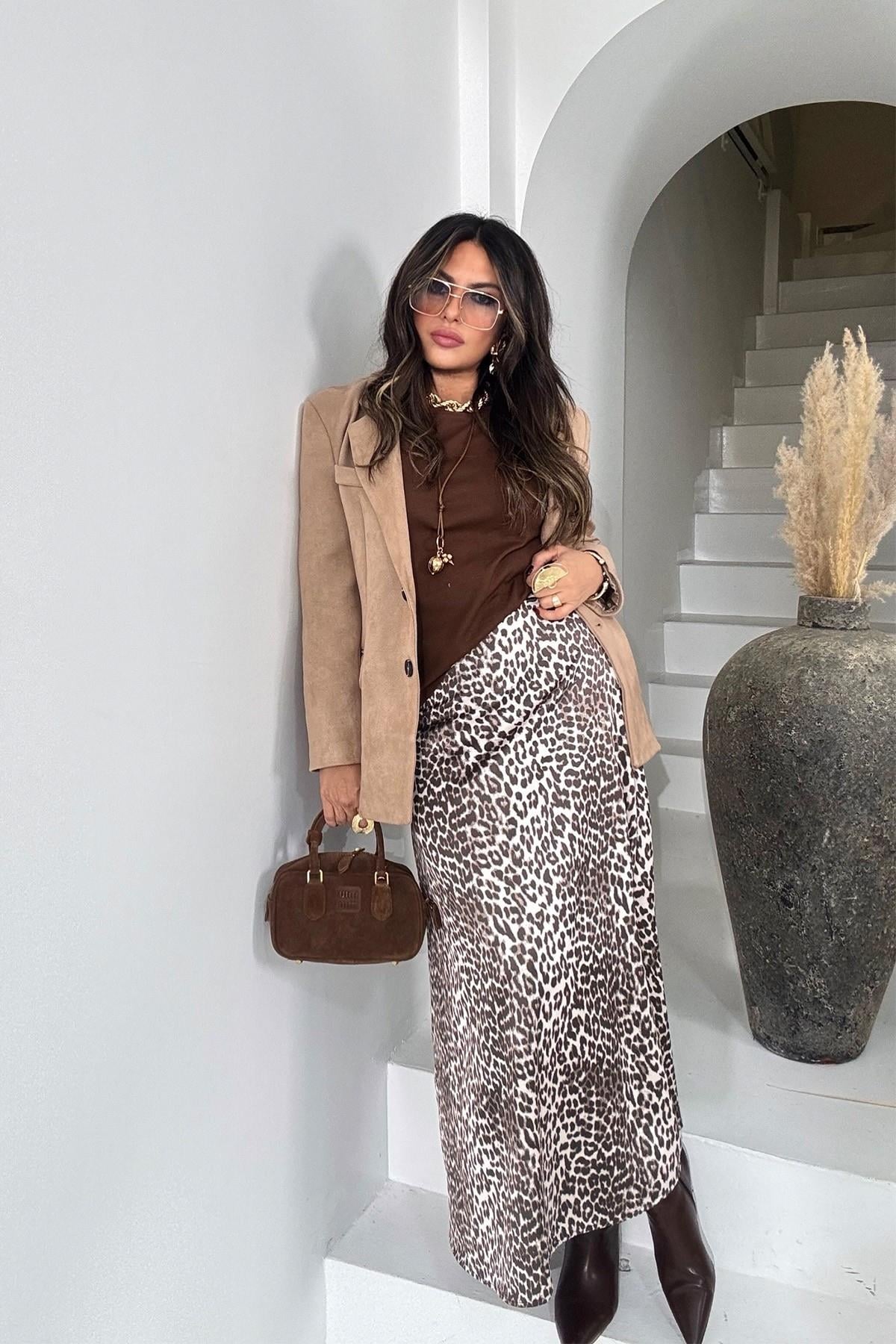 Leopar Kalın Saten Midi Etek Renkli
