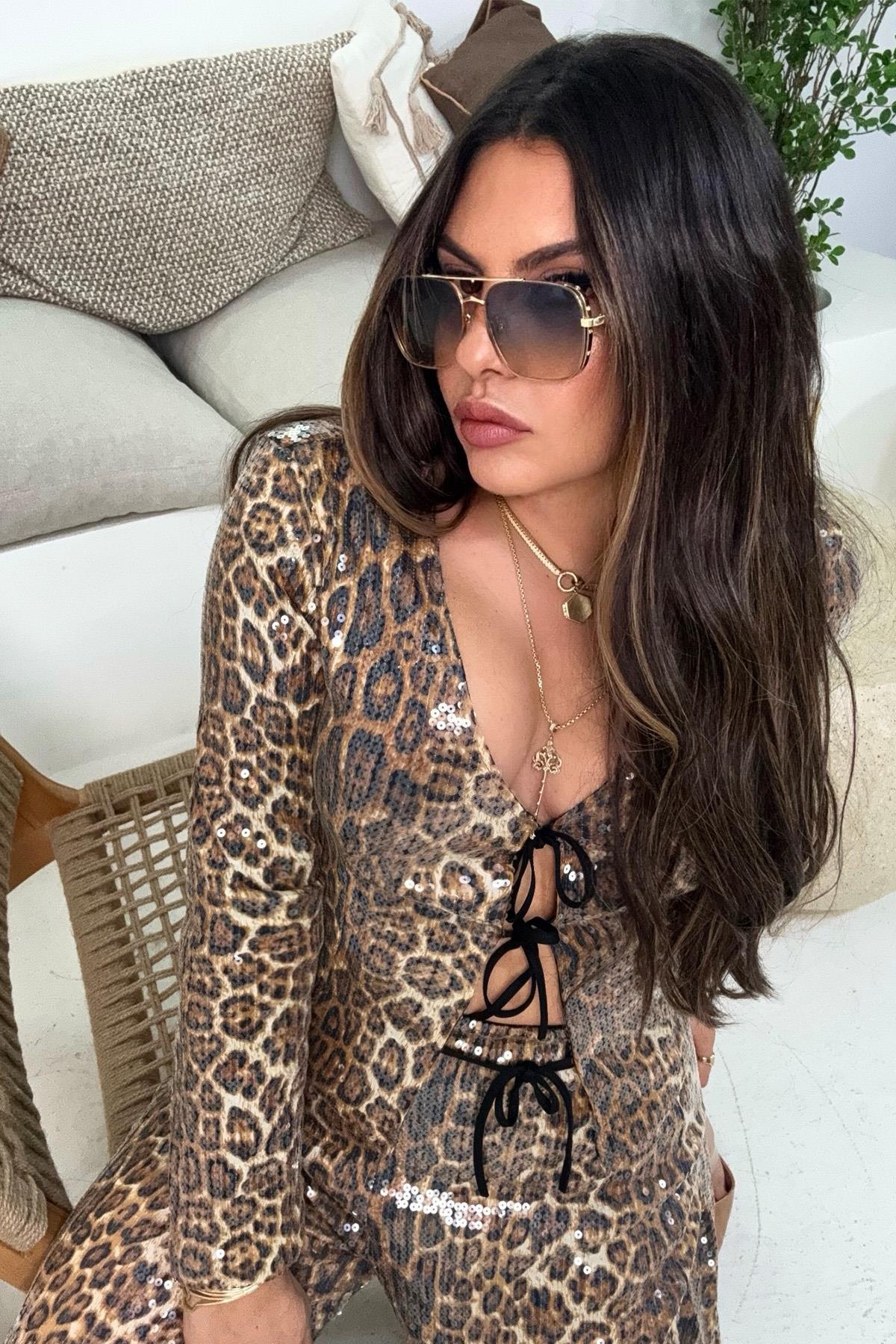 Leopar Payetli Bağçıklı Ceket Taba