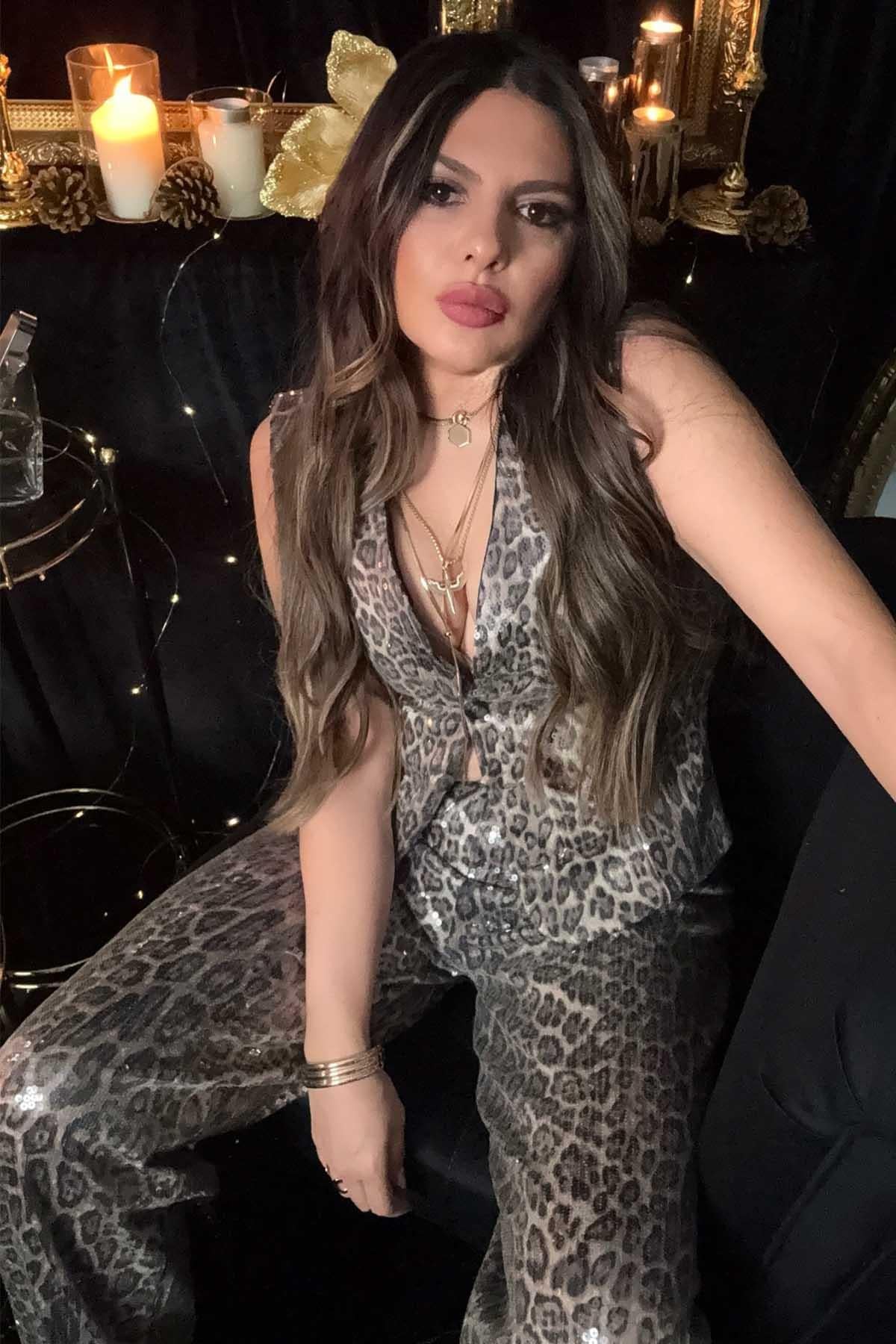 Leopar Payetli Yelek Siyah