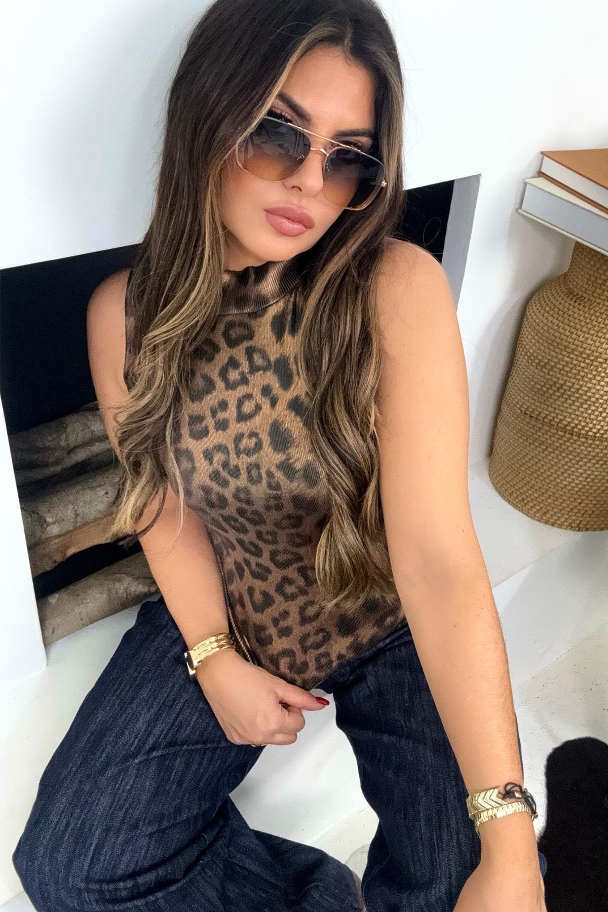 Leopar Varaklı Kolsuz Triko Bluz Taba
