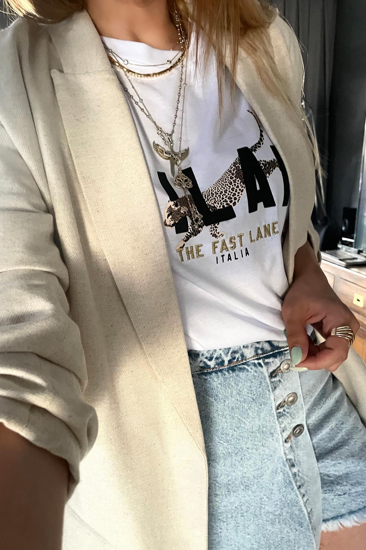 Leoparlı Milan Tshirt Beyaz