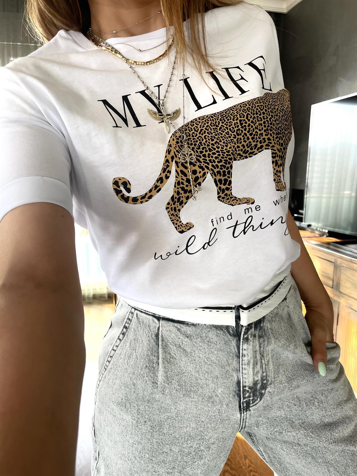 Leoparlı My Life Tshirt Beyaz