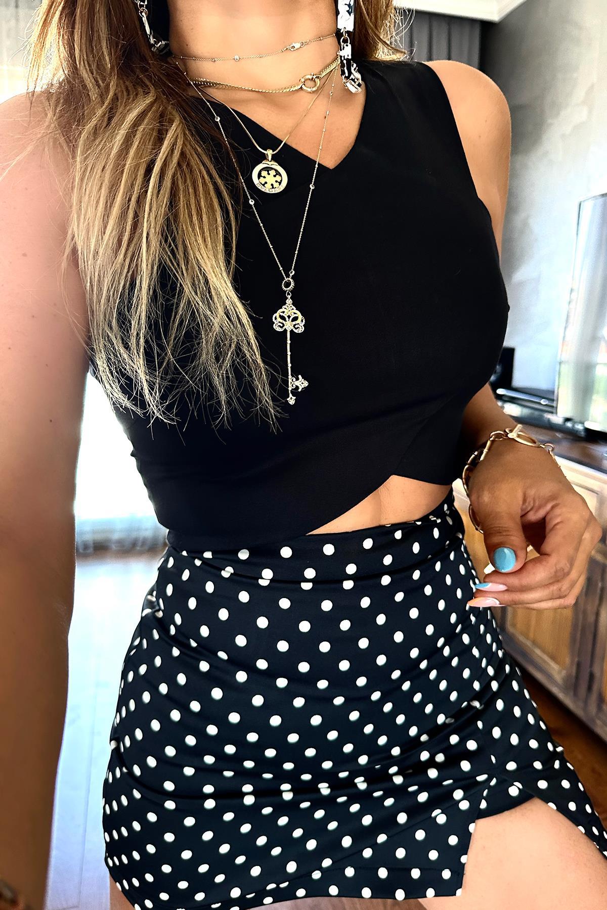 Likralı Çapraz Dikim Crop Siyah