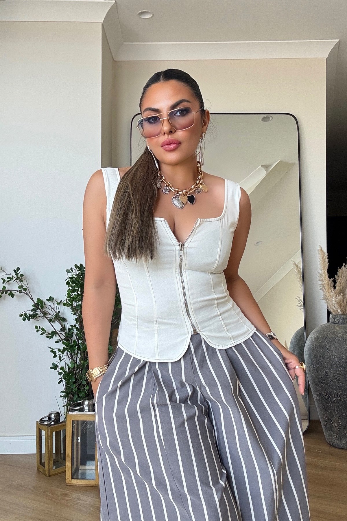 Likralı Fermuarlı Jean Bustiyer Ekru