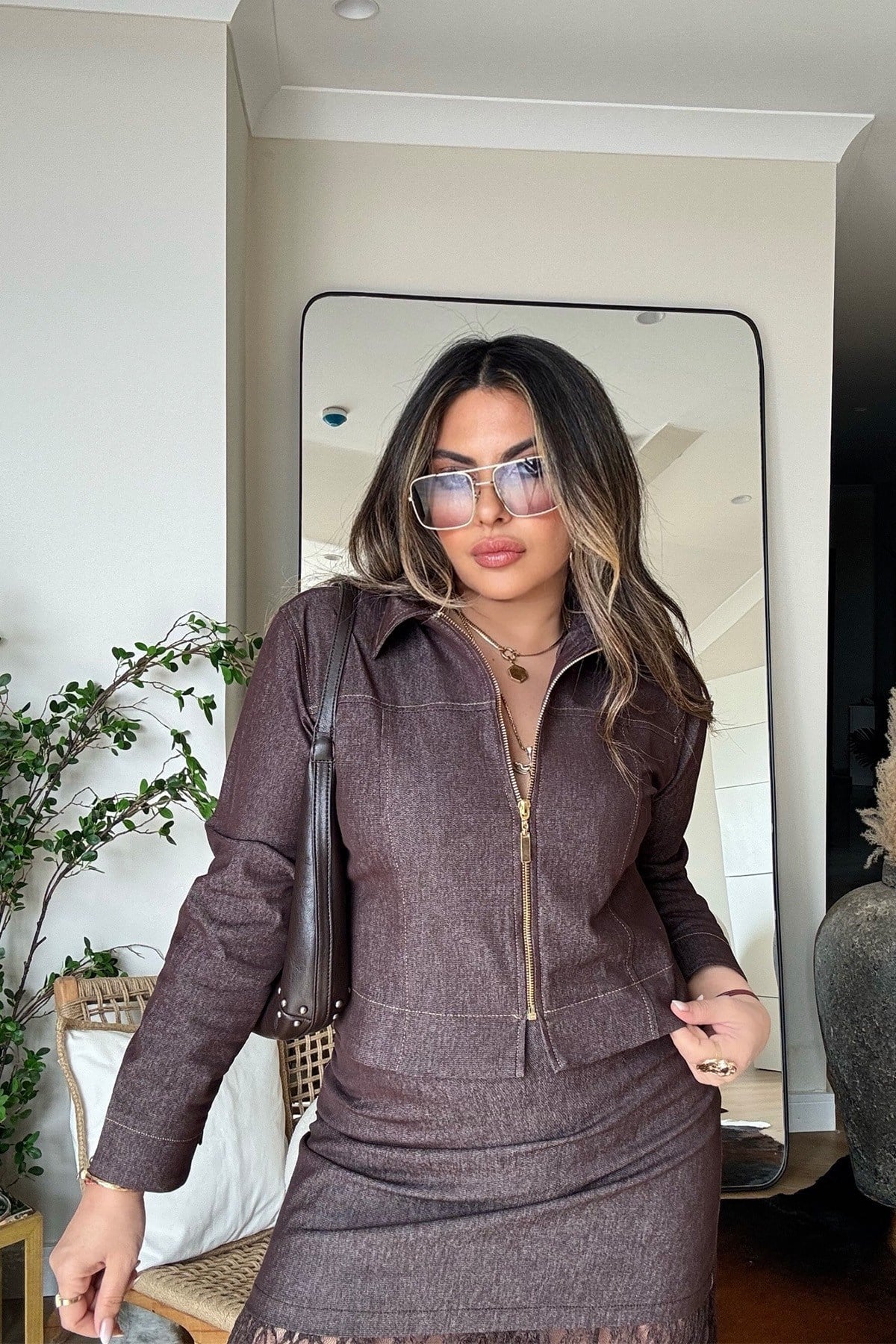 Likralı Fermuarlı Jean Gömlek Kahve